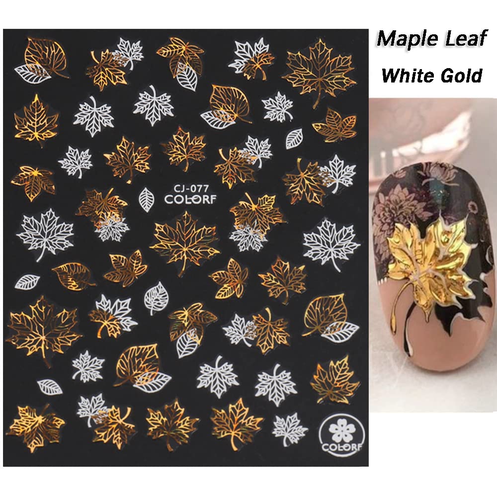 Fall Nail Art Stickers - 9 Sheets Autumn Maple Leaves & Butterfly 3D Nail Decals for Thanksgiving | Gold & White Acrylic Nail Designs | Perfect for Women's Seasonal Nail Art, Holiday Parties & DIY Manicures