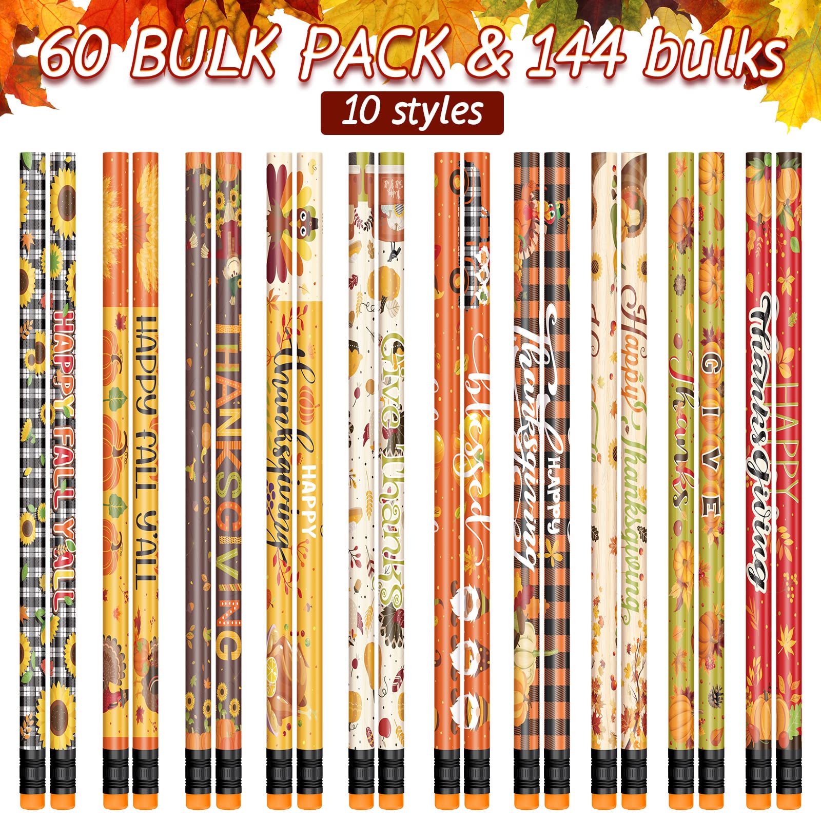 60 Pcs Thanksgiving Pencils Bulk - Fall Themed Wooden Pencils with Erasers for Kids, Students & Classroom Rewards - Perfect for Thanksgiving Gifts, School Supplies & Autumn Crafts