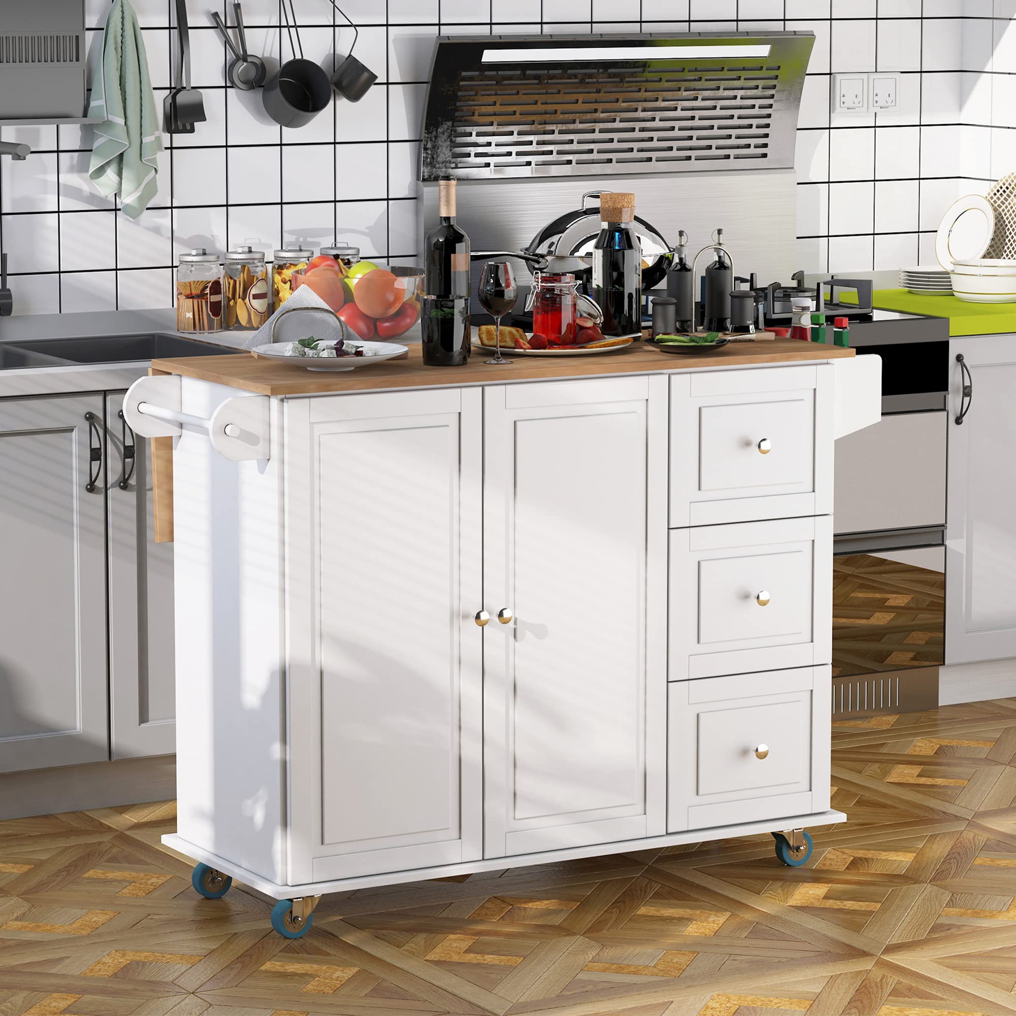 HOMCOM White Mobile Kitchen Island Cart with Drop-Leaf Top, Towel & Spice Rack, 3 Drawers & 2-Door Cabinet - Rolling Storage Trolley for Small Spaces, Apartments & Compact Kitchens