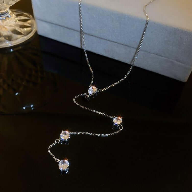 Elegant Teardrop Silver Tassel Lariat Necklace for Women | HN2188 | Perfect for Evening Parties, Weddings & Special Occasions