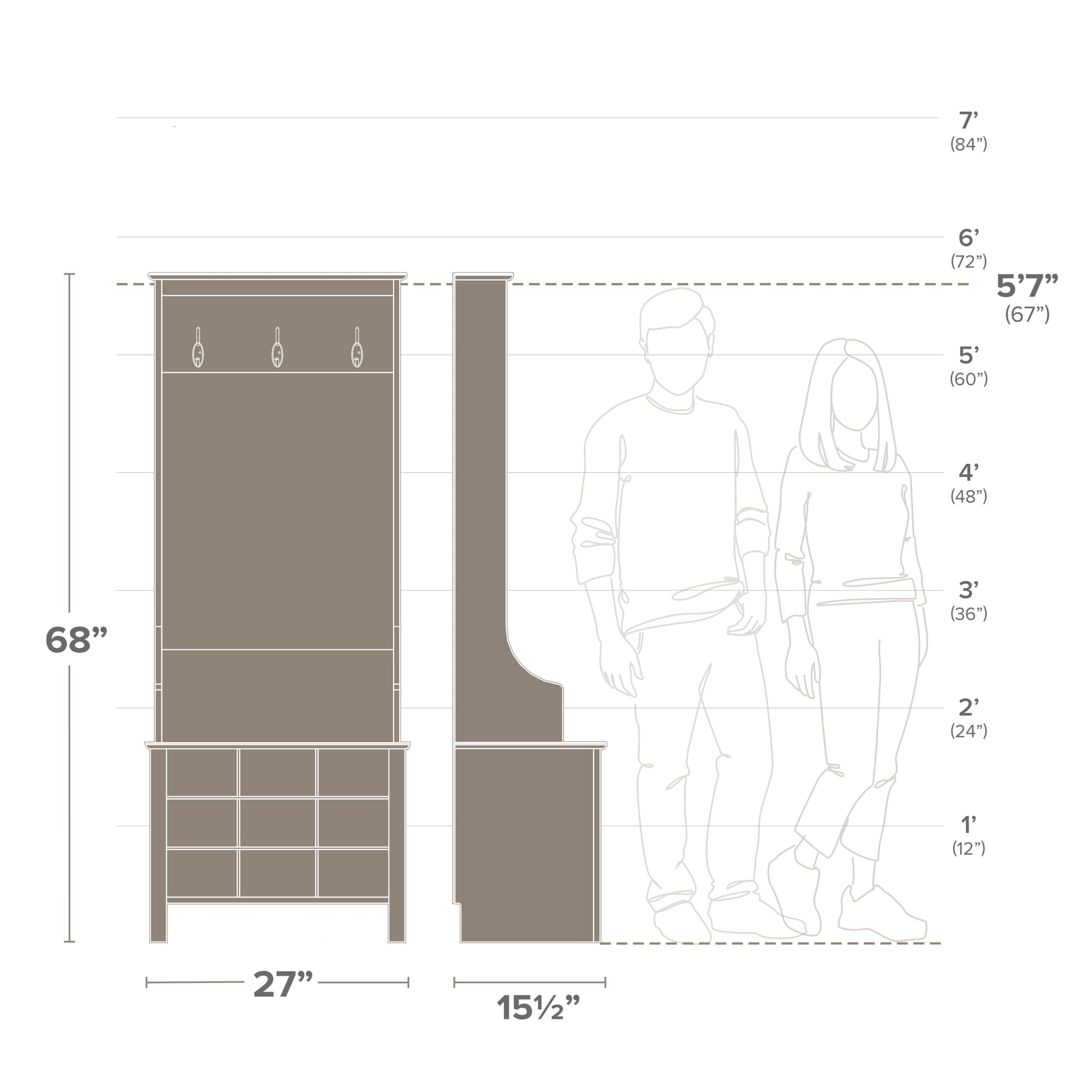Prepac Gray Hall Tree Entryway Organizer - 9 Shoe Storage Cabinet with 3 Double Coat Hooks, 15.5