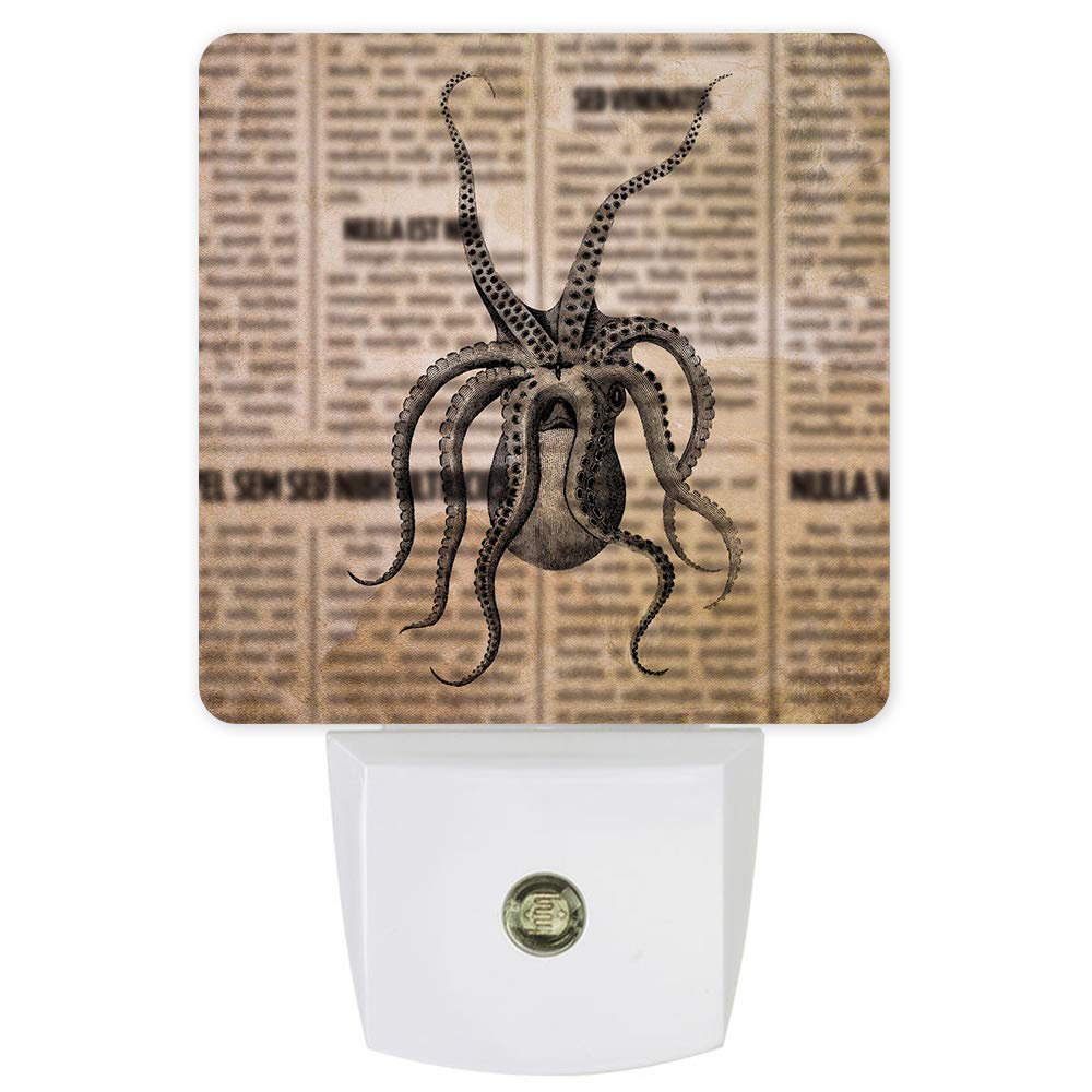 Dimmable LED Night Light with Auto Sensor - Vintage Newspaper Style Octopus Plug-in Wall Lamp for Bedroom, Bathroom, Nursery, Hallway & Stairs | Energy Efficient Dusk to Dawn Lighting for Kids Room Decor & Nighttime Safety