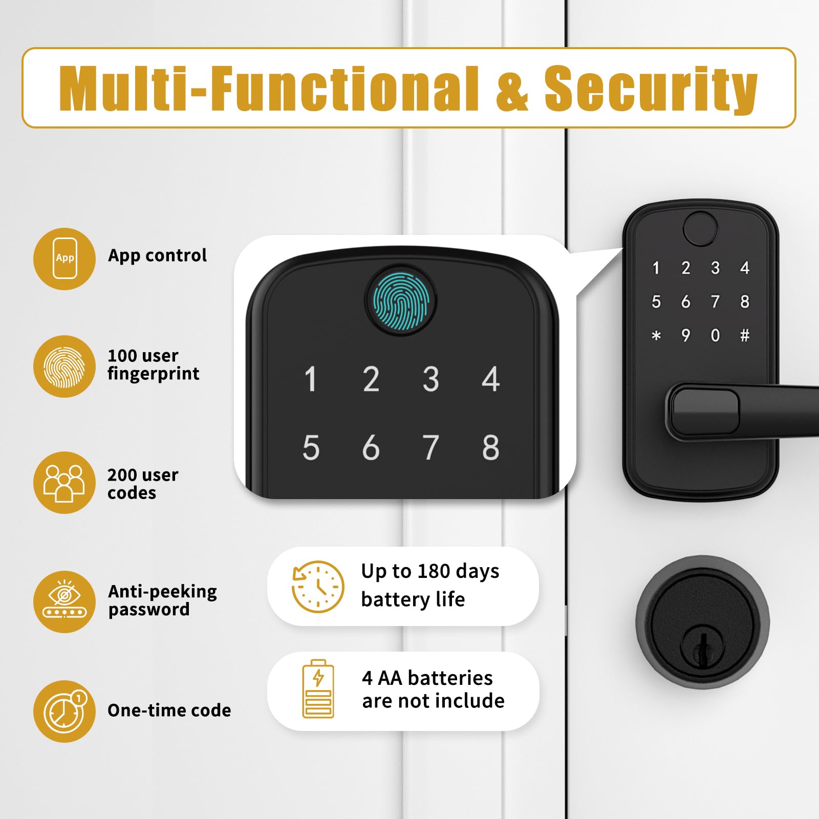 Smart Keyless Entry Door Lock with Keypad, Fingerprint & App Control - Biometric Home Security Deadbolt - Easy DIY Installation (Black) | Perfect for Apartments, Vacation Homes & Smart Home Systems