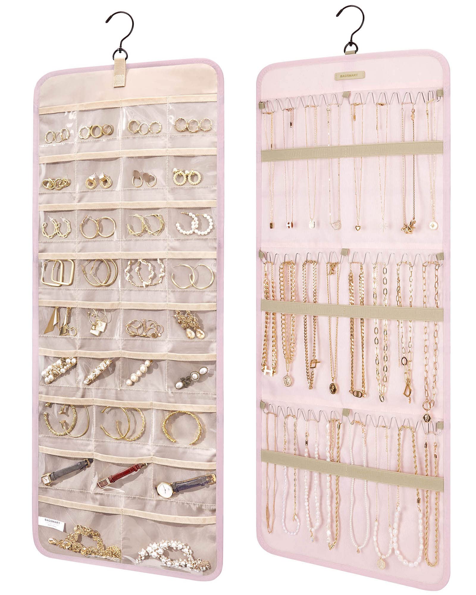 BAGSMART Large Pink Hanging Jewelry Organizer with Metal Hooks - Double-Sided Jewelry Storage Roll for Earrings, Necklaces, Rings - Perfect for Closet, Wall or Door Organization (1 Piece) - Ideal for Travel, Home Decor & Gift Giving