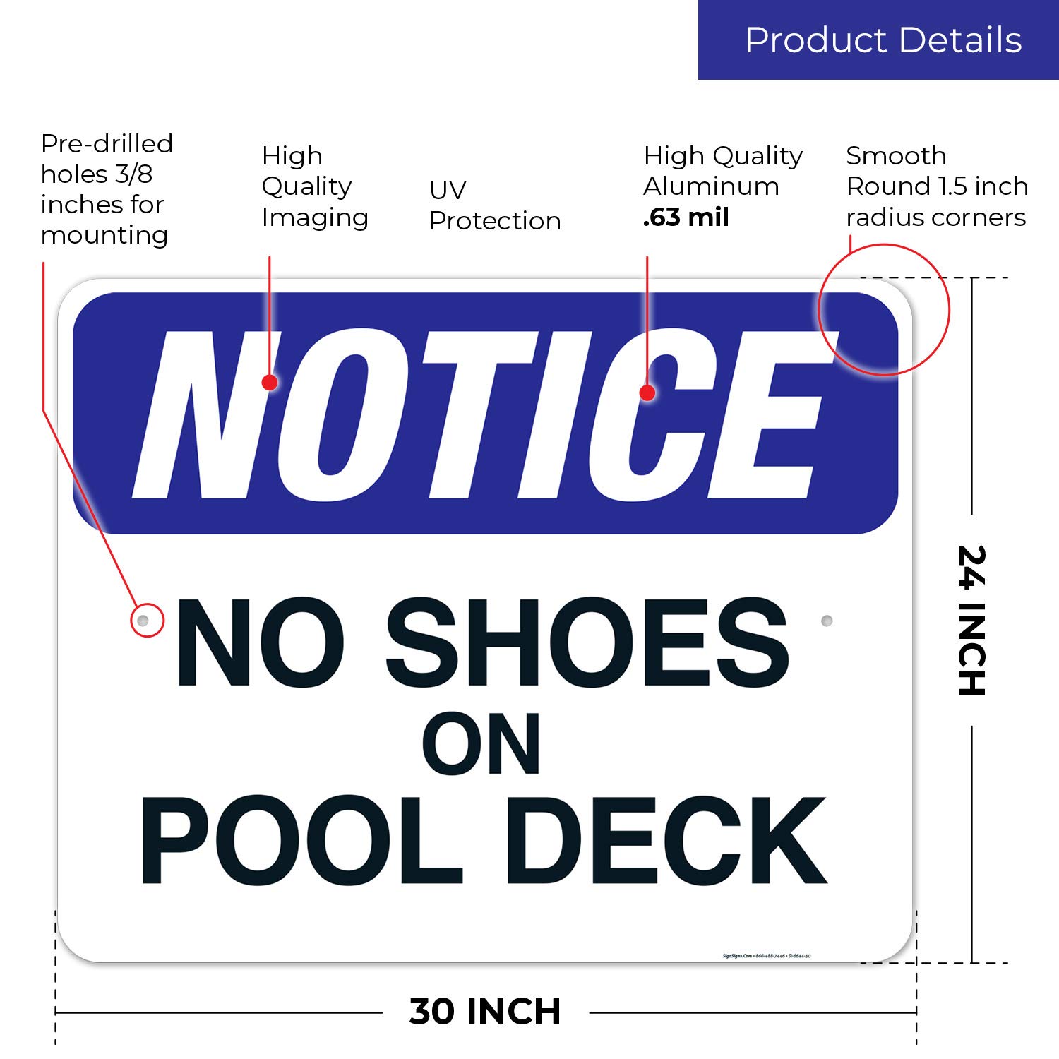 Pool Rules Sign - No Shoes On Pool Deck, 24x30 Inches, Rust-Free .063 Aluminum, Fade Resistant, Indoor/Outdoor Use, Made in USA - Perfect for Public Pools, Hotels, Resorts & Community Swimming Areas