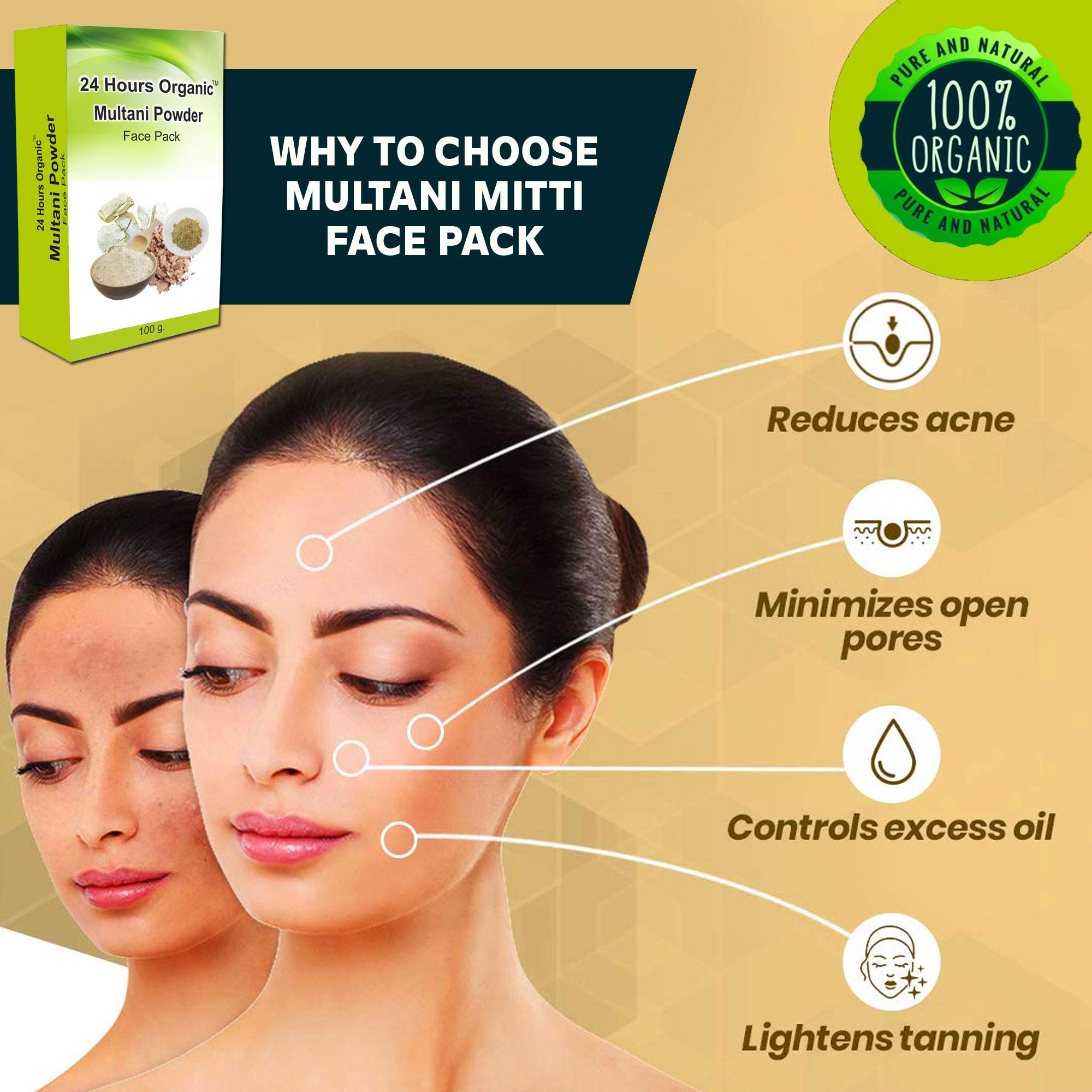 24 Hours Organic Multani Mitti Powder for Face Pack - 100% Pure & Natural Fuller's Earth Bentonite Clay - Anti-Tan & Skin Brightening - 100g with Free Rose Water - Perfect for Glowing Skin, Acne Treatment & DIY Beauty Masks at Home