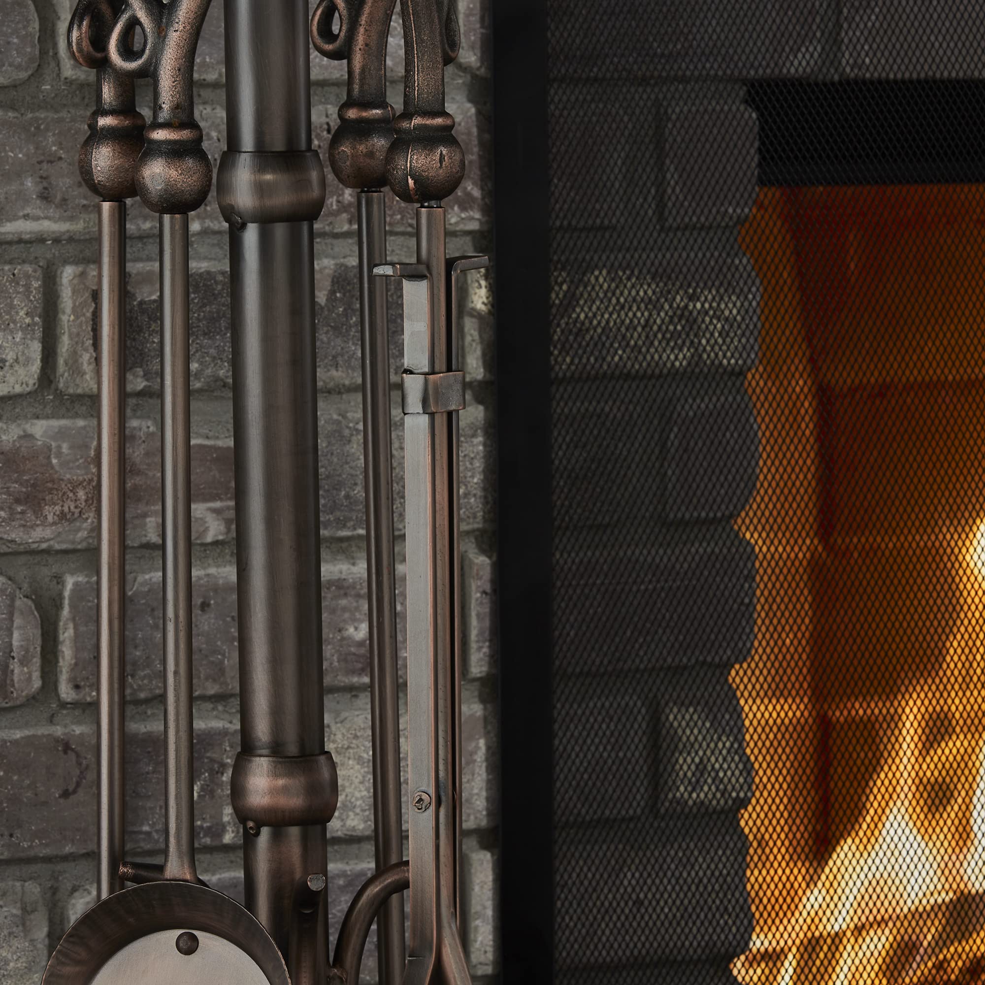 UniFlame F-1657 5-Piece Venetian Bronze Fireplace Tools Set with Heavy Crook Handles - Perfect for Indoor Fireplace, Hearth, and Home Decor