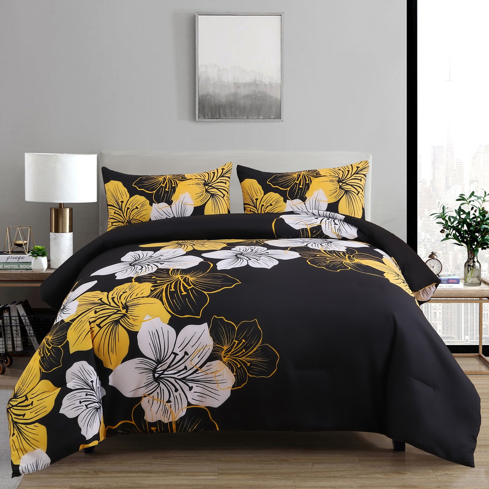 Luxury King Comforter Set - Black & Gold Floral 3-Piece Bedding Set | Ultra Soft Microfiber for All Seasons | Perfect for Master Bedroom, Guest Room & Hotel Decor