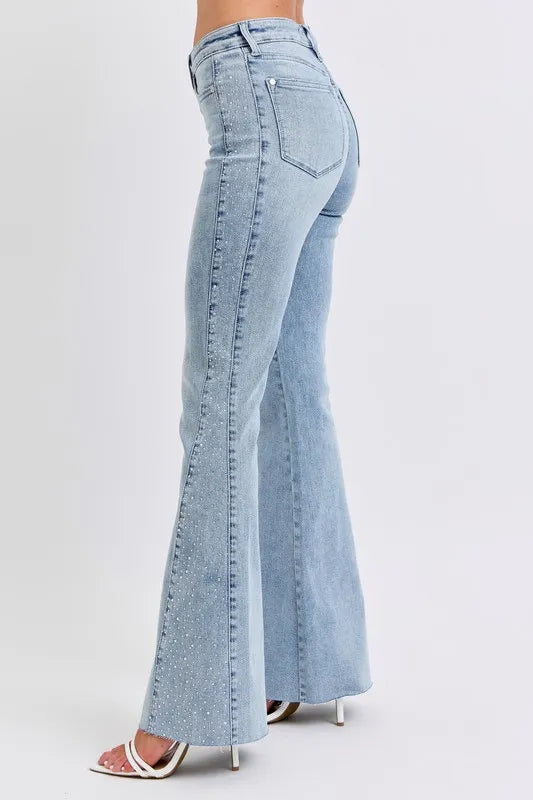 Judy Blue Women's Mid Rise Rhinestone Side Panel Flare Jeans - Stylish Stretch Denim Pants for Casual Wear & Night Out