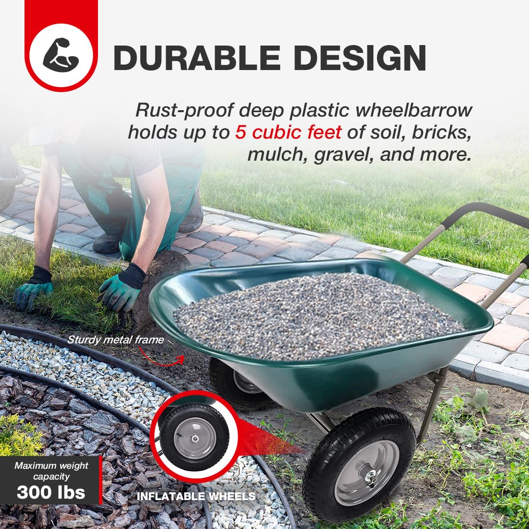 2 Wheel Heavy Duty Garden Wheelbarrow with Built-in Stand - Green Utility Yard Cart for Gardening, Landscaping & Home Improvement Projects