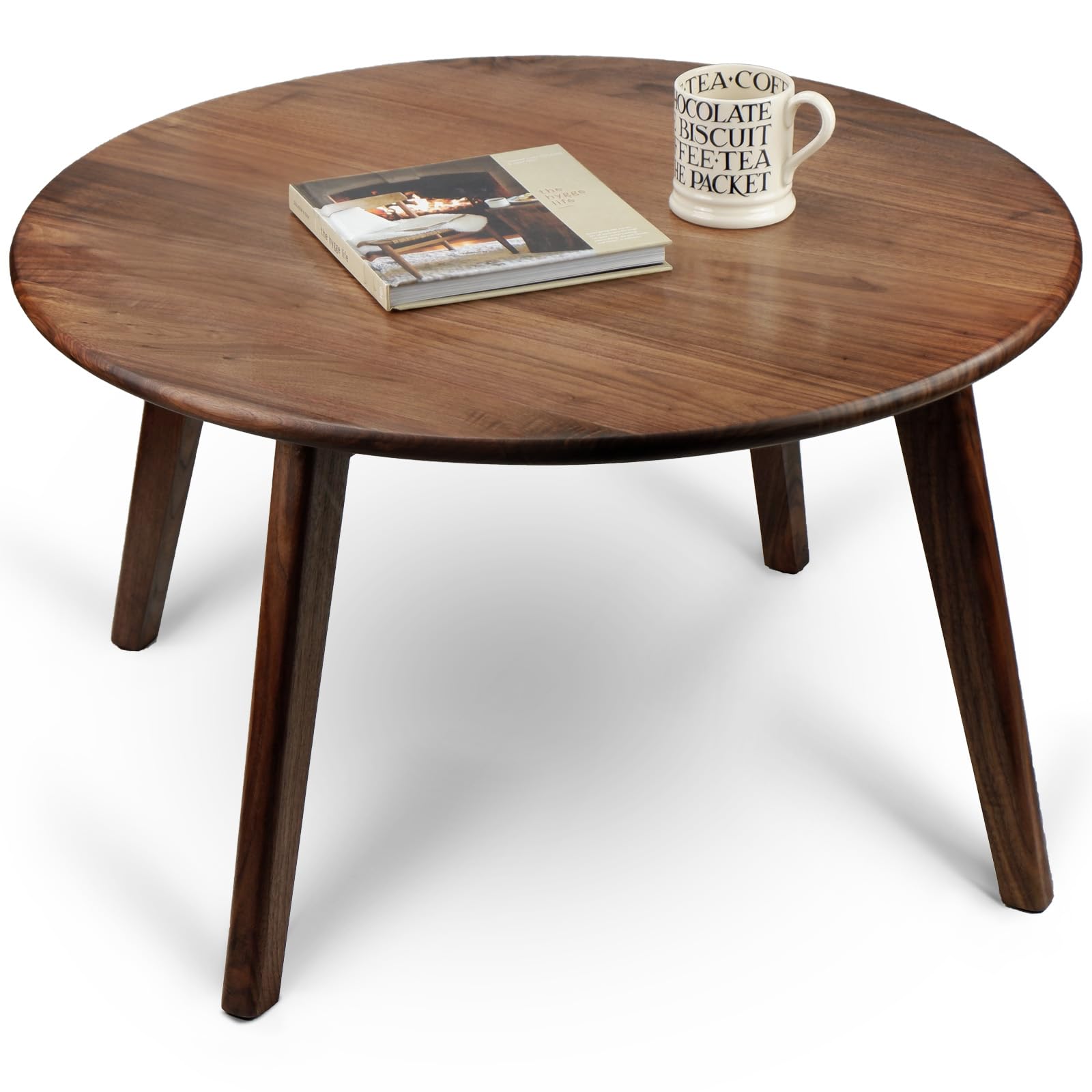 Premium Round Solid Black Walnut Wood Coffee Table - 30 Inch Natural Wooden Circular Side Table for Living Room, Lounge & Patio Furniture