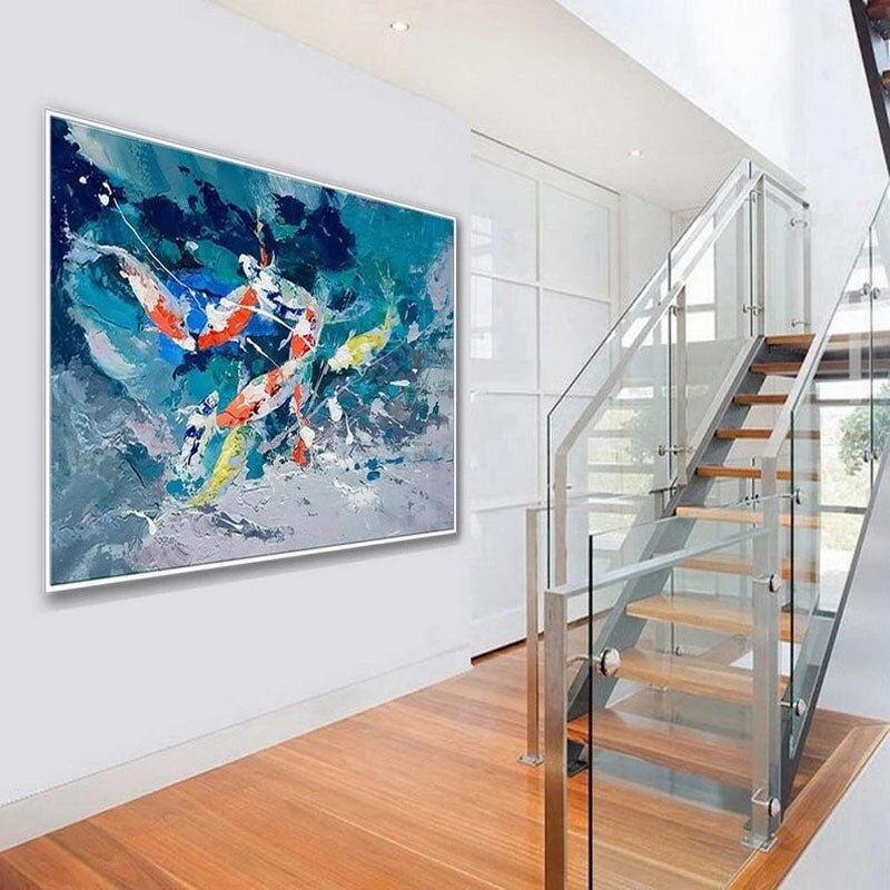 Koi Fish Dance Wall Art - Handmade Japanese Koi Painting for Home & Office Decor | Perfect for Living Room, Bedroom, or Zen Garden