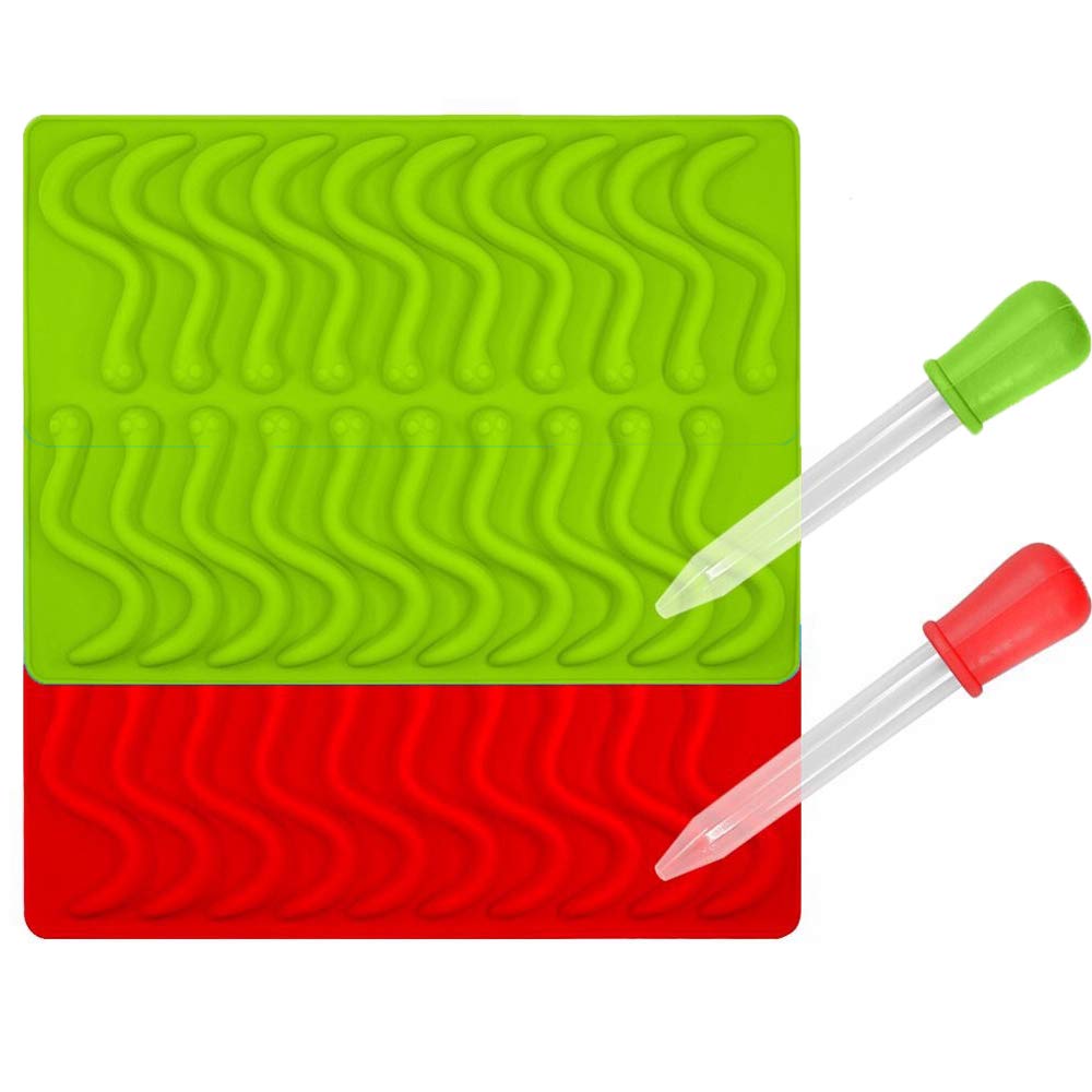 Premium 2-Pack Silicone Gummy Worm Molds - 20 Cavities with Bonus Dropper (Red & Green) for Candy Making & Ice Cubes | DIY Treats, Party Favors & Home Baking Accessories