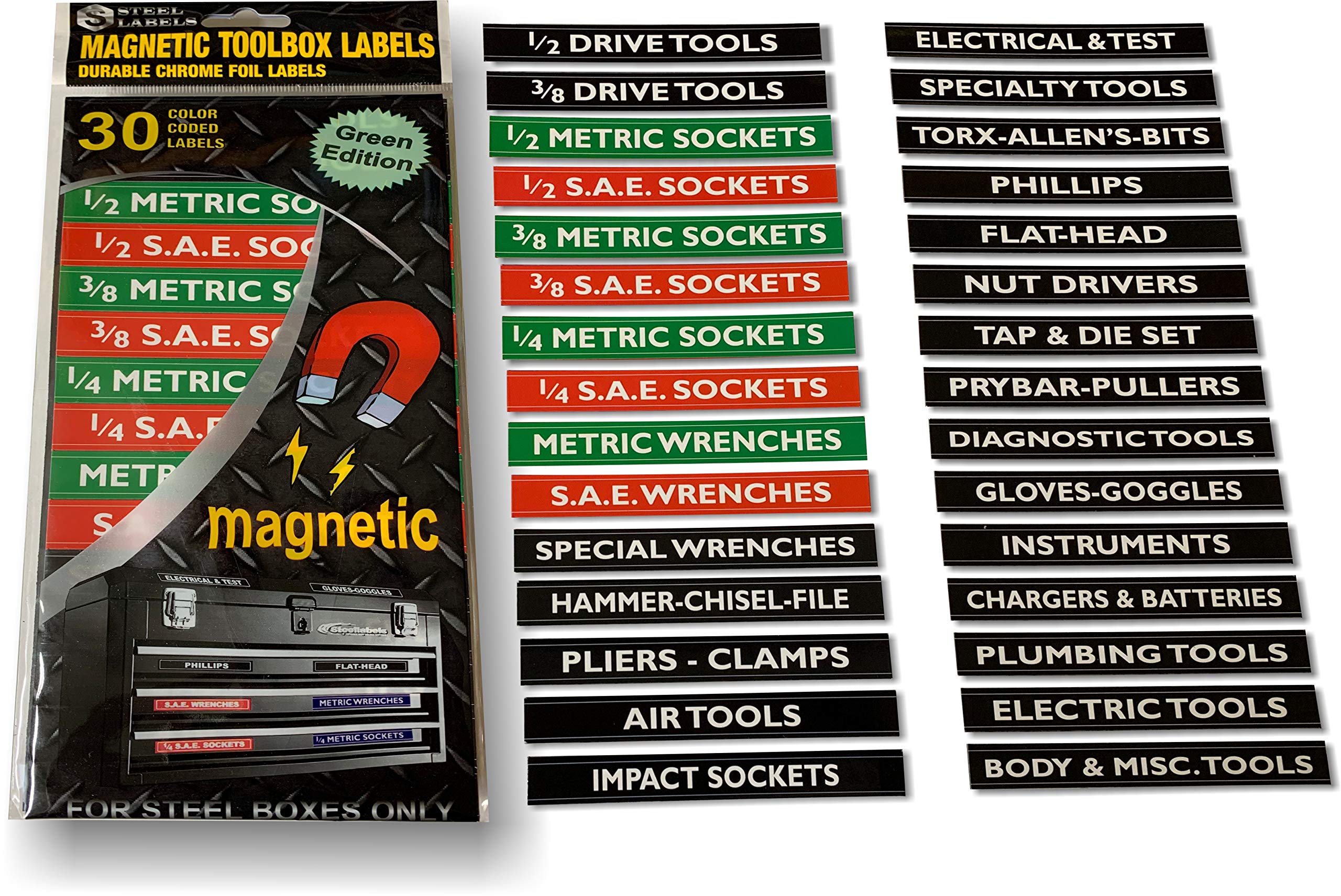 Magnetic Tool Box Organizer Labels - Green Edition | Fits All Steel Tool Chests (Craftsman, Snap-on) | Quick Drawer & Cabinet Organization for Workshop & Garage Storage