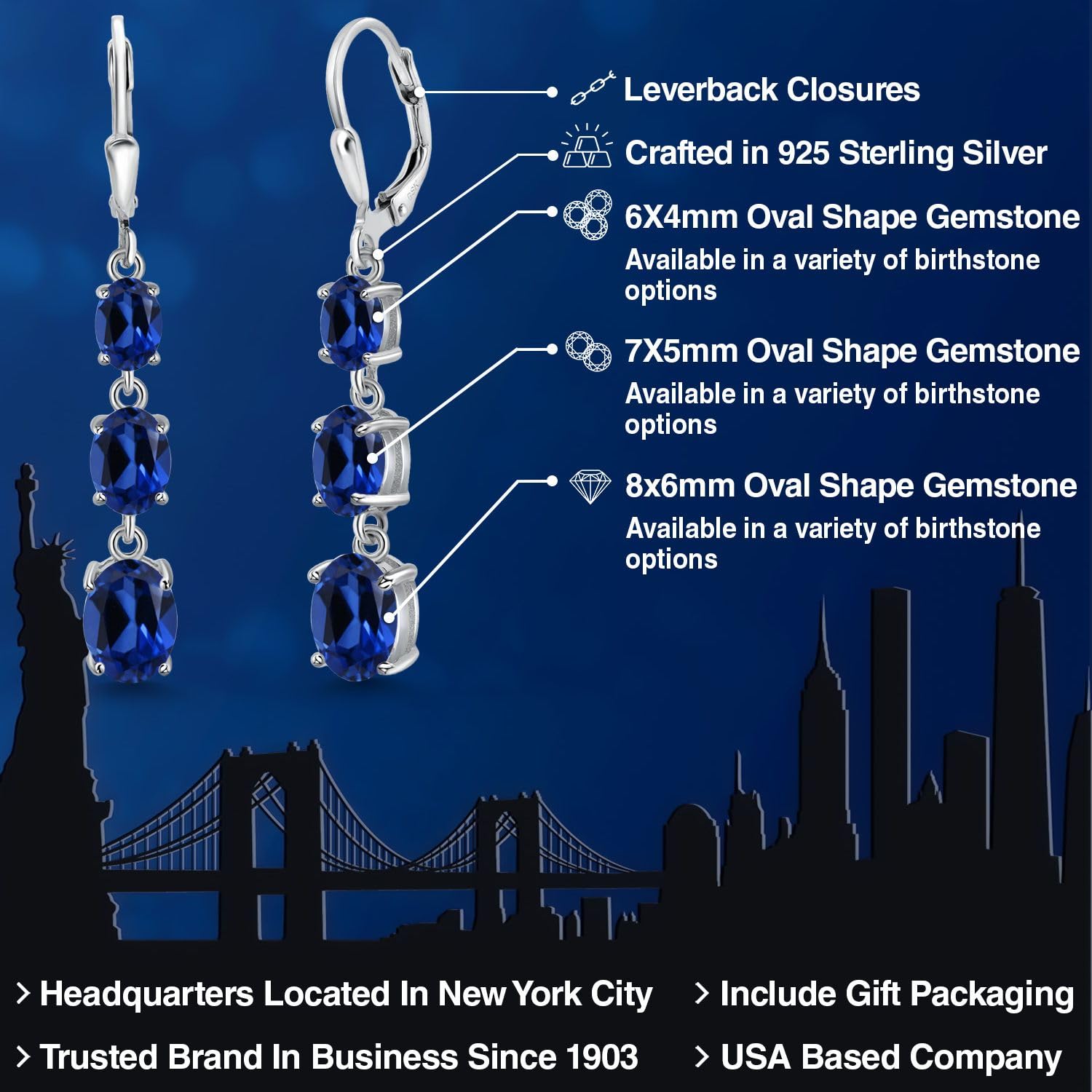 Gem Stone King 3-Stone Leverback Drop Dangle Earrings for Women - 925 Sterling Silver Birthstone Jewelry | Oval 8x6mm, 7x5mm & 6x4mm Gemstones | Elegant Gift for Mom, Wife, Her | Perfect for Weddings, Anniversaries & Special Occasions