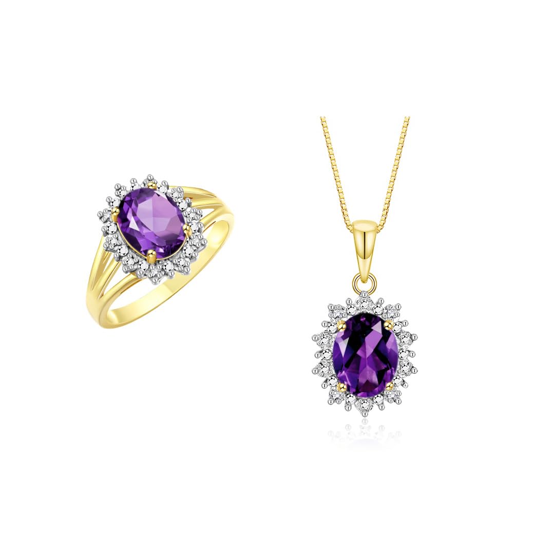 Rylos Women's Yellow Gold Plated Silver Princess Diana Ring & Pendant Set with 9X7MM Birthstone Gemstone & Diamonds - Matching Friendship Jewelry for Birthdays, Anniversaries & Gifts (Sizes 5-10)