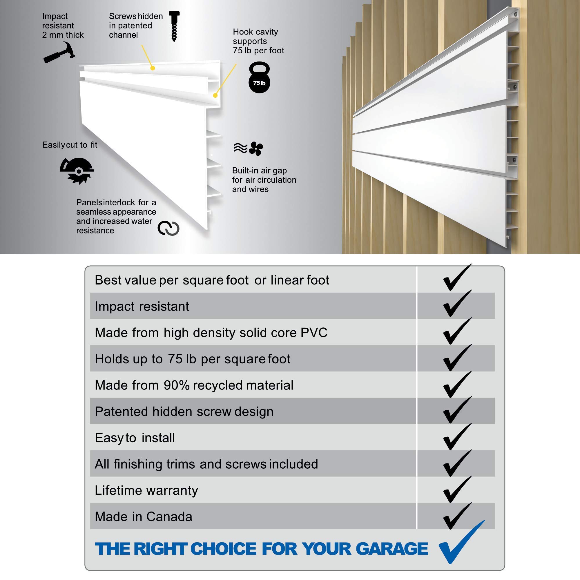PROSLAT PVC Slatwall Panels for Garage Storage - 2 Pack (8ft x 4ft) White Wall Organizer - 20 Slats, 64 sq.ft Total - Perfect for Tool Storage, Bike Racks & Workshop Organization