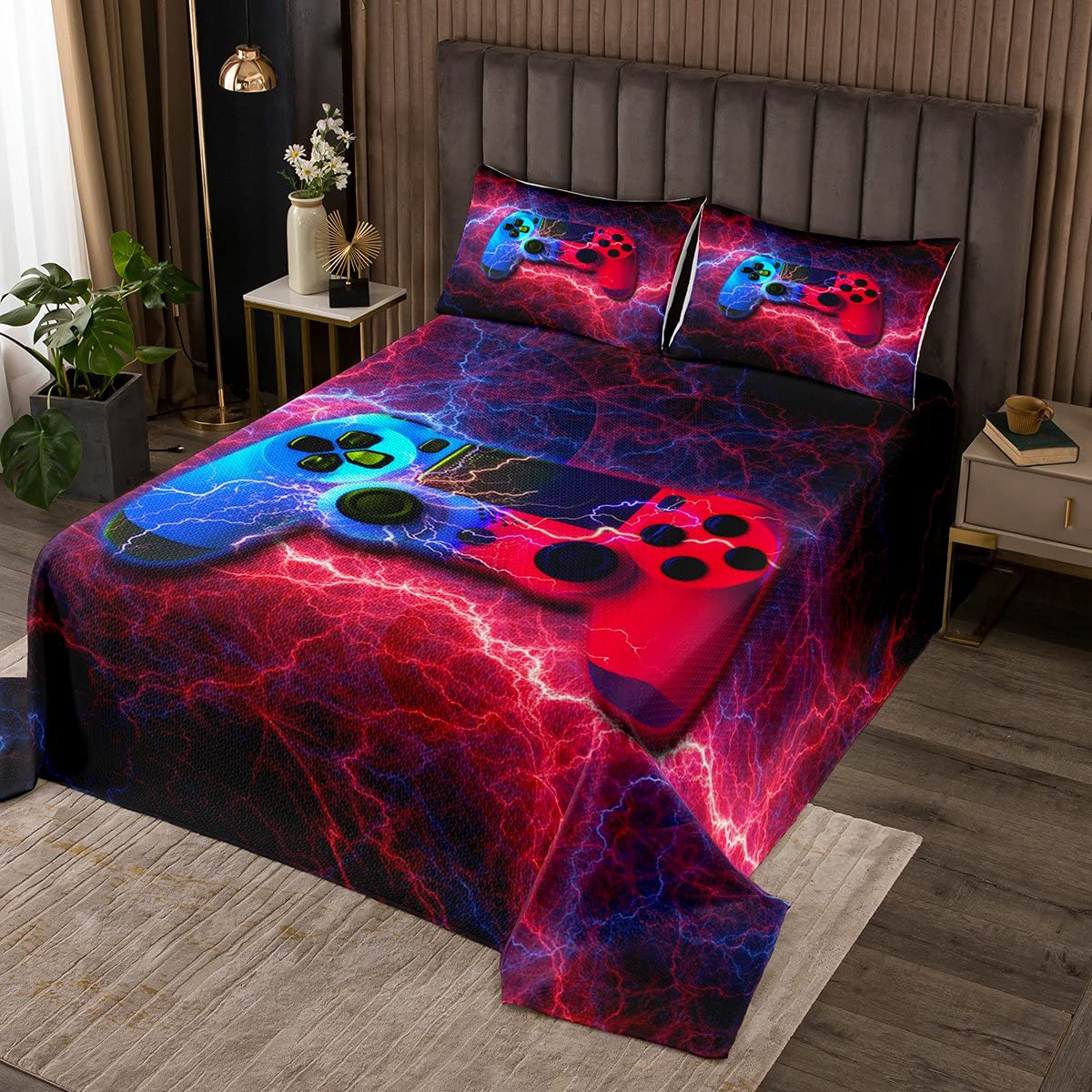 Erosebridal Gamer Bedding Set for Boys - Twin Size Lightning Themed Retro Video Game Bedspread with Red Blue Gamepad Design - Perfect for Gaming Rooms, Teen Bedrooms & Sleepovers
