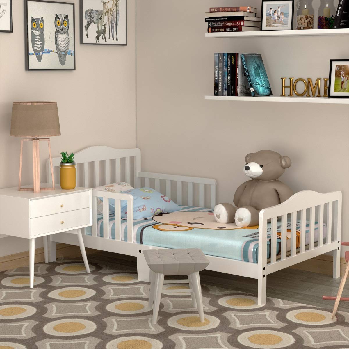 Costzon Toddler Wood Bed Frame with Safety Guardrail - White | Kids Bedroom Furniture for Boys & Girls