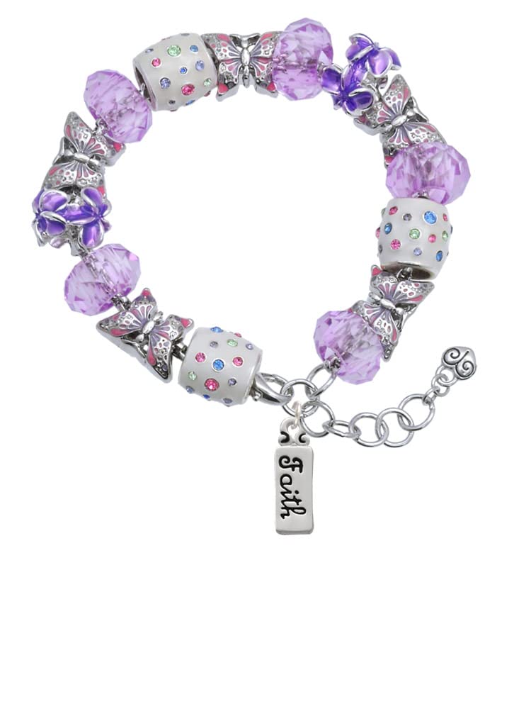 Delight Jewelry Silvertone Faith Purple Butterfly Bead Charm Bracelet - 7