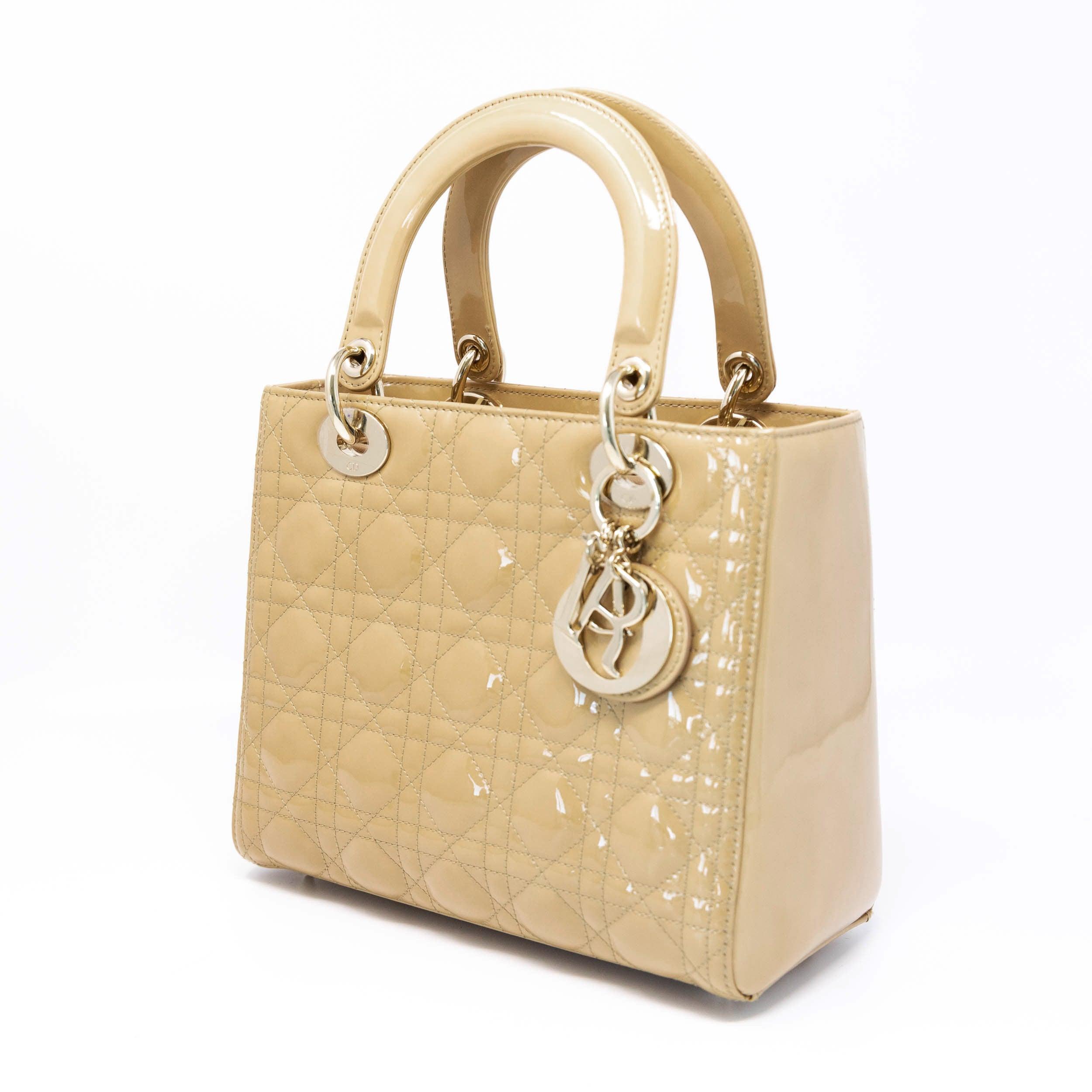 Dior Beige Patent Leather Medium Lady Dior Handbag - Luxury Designer Shoulder Bag for Women, Perfect for Parties, Weddings & Special Occasions
