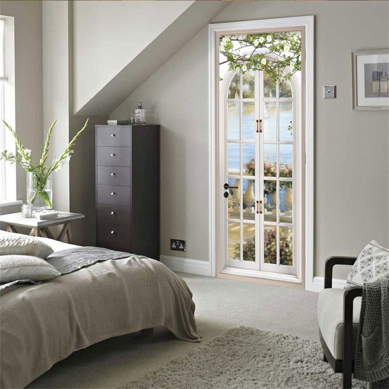 European Style 3D Peel and Stick Door Sticker - Self-Adhesive Arch Pastoral Wall Mural Wallpaper for Bedroom Decor (30.3