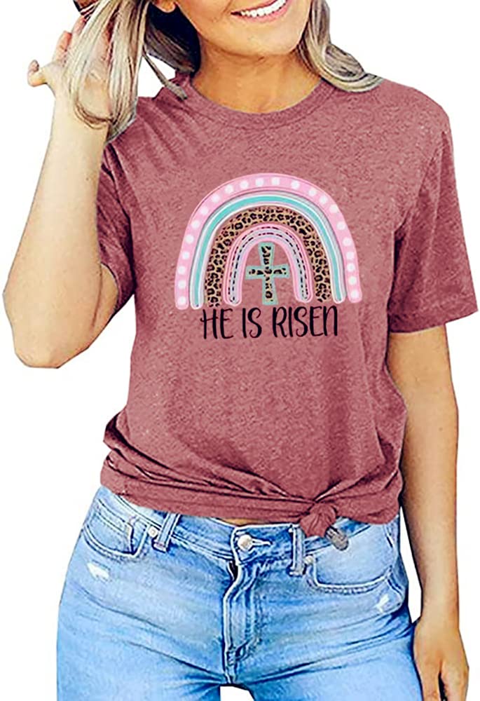 Women's Easter He is Risen Graphic T-Shirt with Cute Bunny Rabbit Print - Comfortable Casual Blouse for Church, Egg Hunt & Spring Celebrations