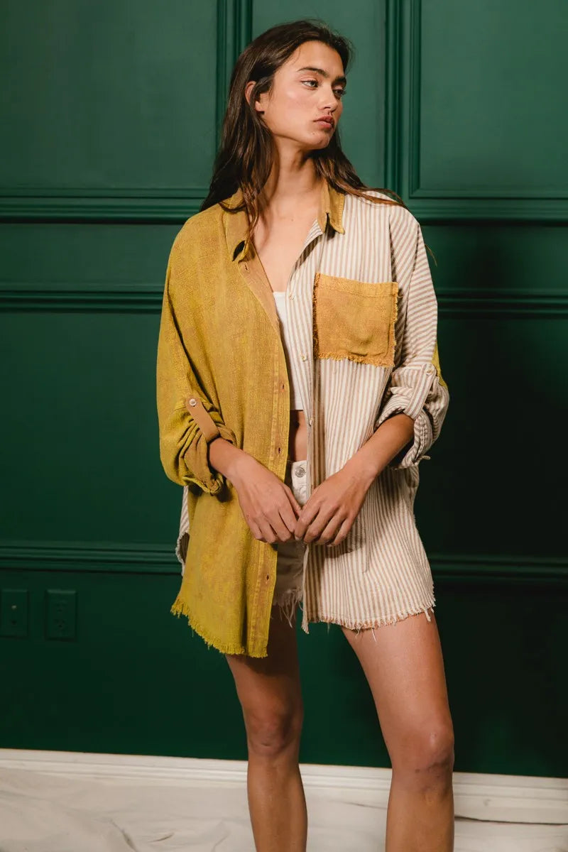 BiBi Washed Raw Hem Shirt - Trendy Distressed Denim Top for Women | Perfect for Casual Outings, Street Style & Layering