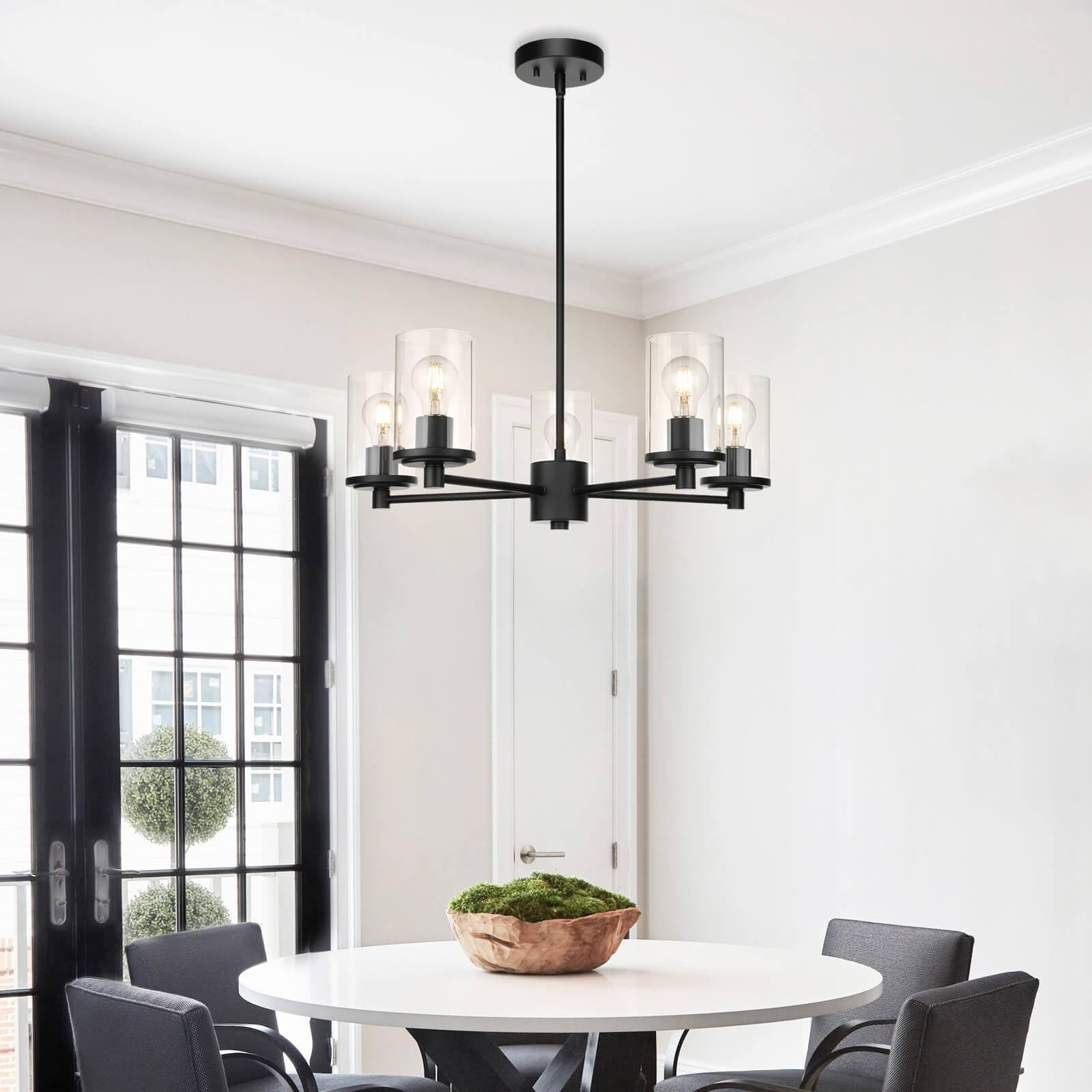 Modern 5-Light Black Adjustable Chandelier with Glass Shades - XiNBEi Lighting XB-C1240-5-MB for Dining Room, Kitchen Island, Foyer & Contemporary Home Decor
