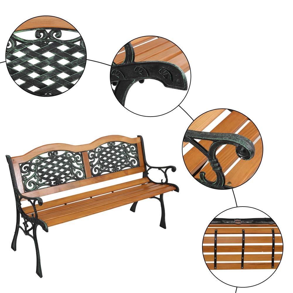 VINGLI Outdoor Metal Garden Bench with Wood Seat & PVC Backrest - Cast Iron Love Seat Park Bench for Front Porch, Patio, Yard (Arched Back) | Perfect for Relaxing, Outdoor Dining, and Garden Decor