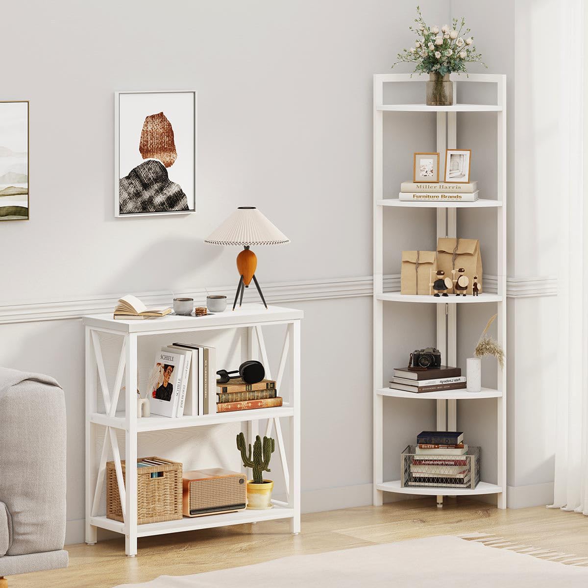FATORRI 5-Tier Tall Corner Shelf - Modern Wood & Metal Bookshelf for Living Room, Home Office - Corner Plant Stand, Bookcase - White Oak - Perfect for Small Spaces & Stylish Storage
