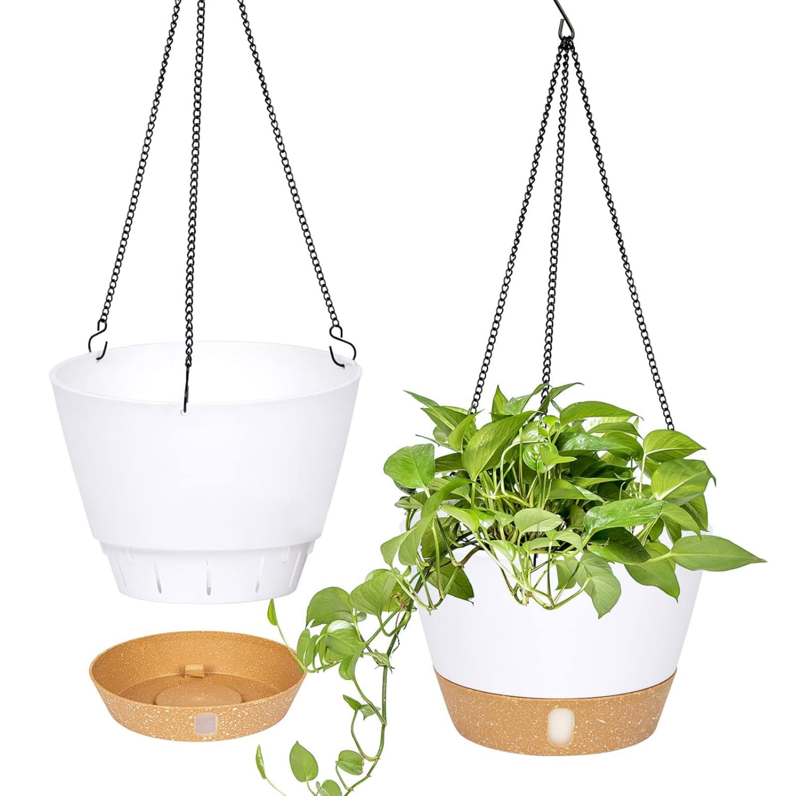 QCQHDU 8 Inch Self-Watering Hanging Planters for Indoor & Outdoor Plants - 2 Pack with Drainage Holes & Removable Tray - Perfect for Balcony, Patio, and Home Decor