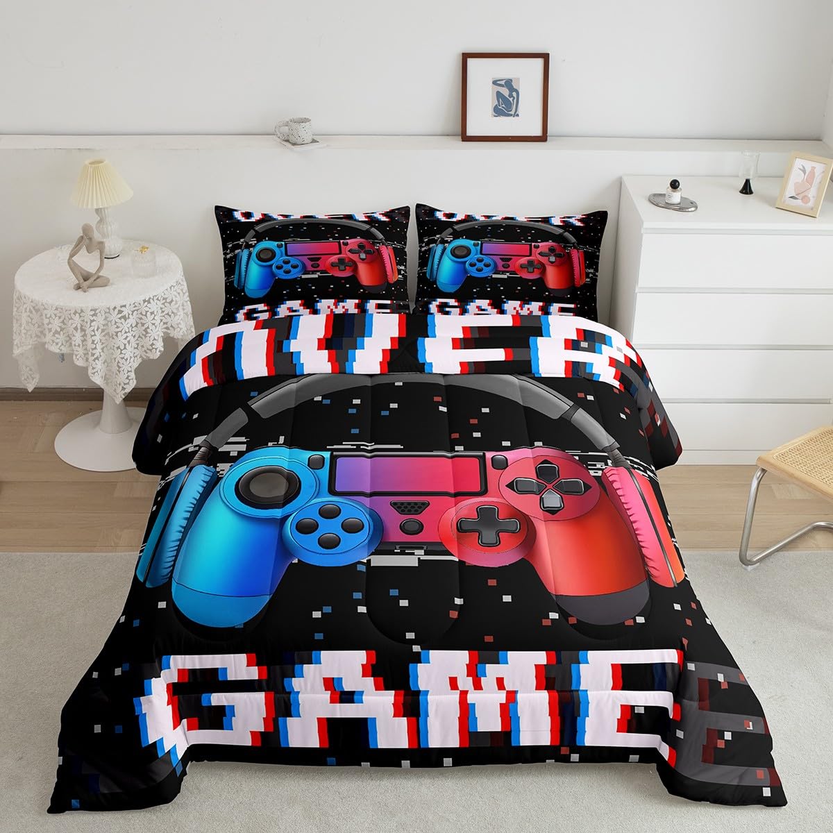 Erosebridal Girls & Boys Gaming Comforter Set - Full Size Toddler Bedding with Red & Blue Design | Perfect for Kids' Rooms, Gaming Themed Bedrooms & Sleepovers