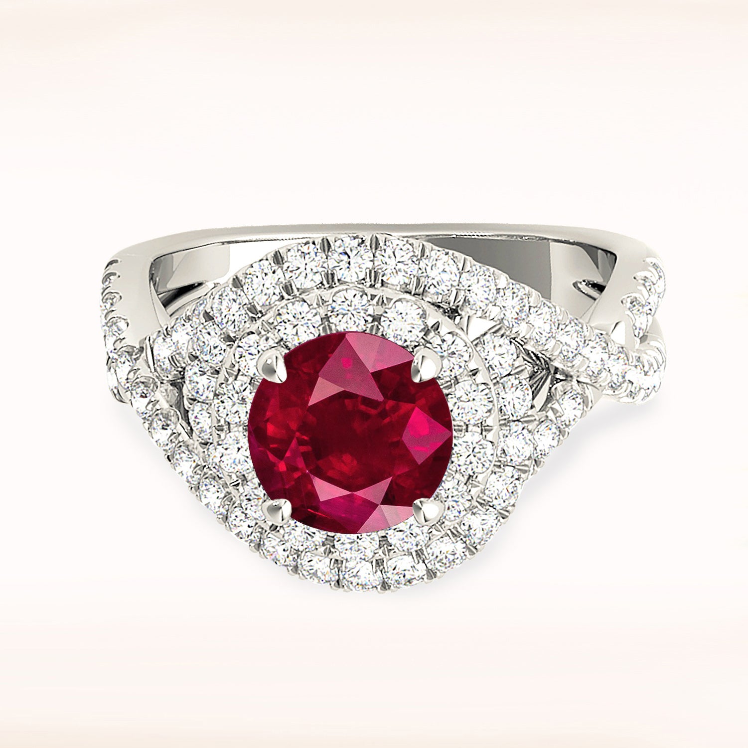 1.35 Carat Genuine Ruby Ring with Wrap Around Halo & Twisted Diamond Band - Elegant Engagement, Anniversary Gift for Women