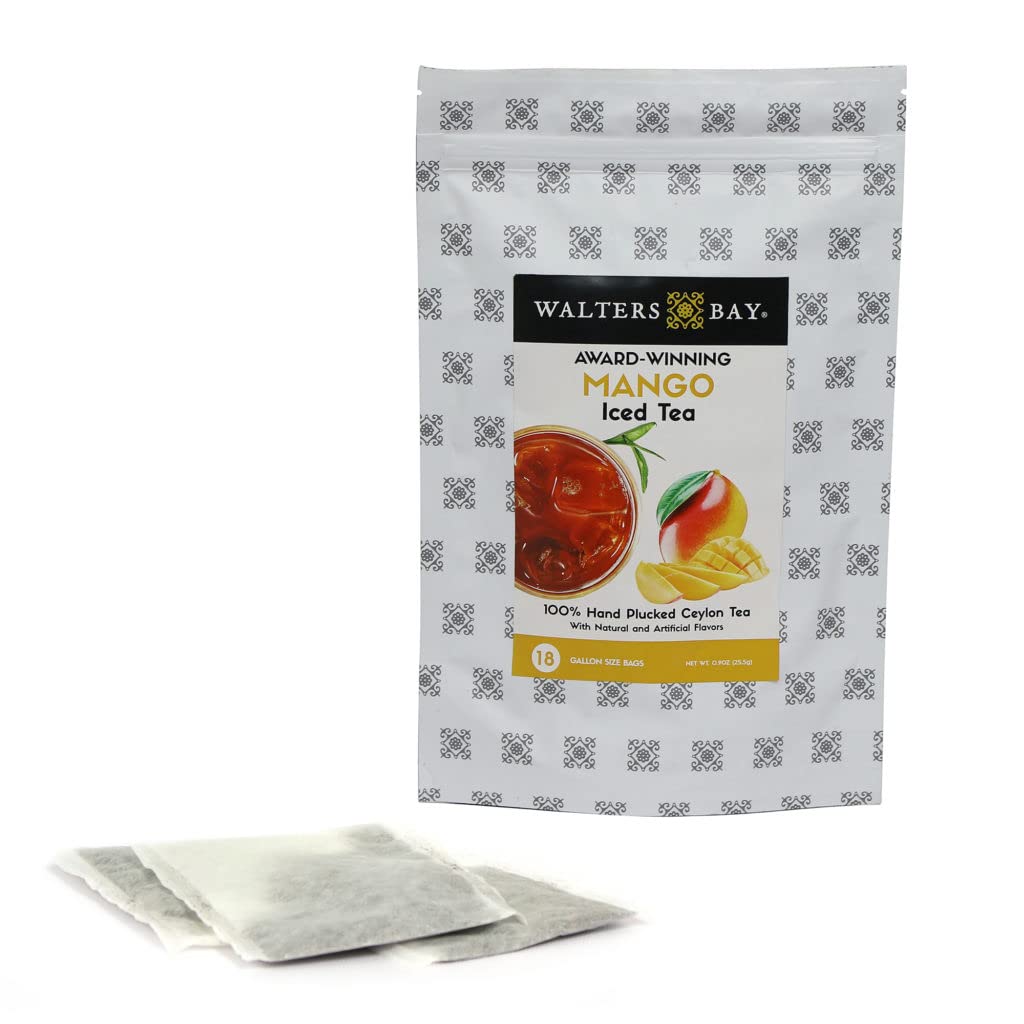 Walters Bay Mango Iced Tea Bags - 18 Count Gallon-Sized Ceylon Black Tea | Unsweetened, 100% Hand-Plucked, Luscious Mango Flavor | Perfect for Summer Parties, Office Refreshments & Healthy Beverage Alternatives