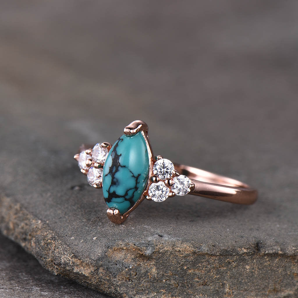 Marquise Turquoise Engagement Ring with Three Diamond Side Stones in 14k Gold Band - Perfect for Proposals, Weddings & Anniversary Gifts