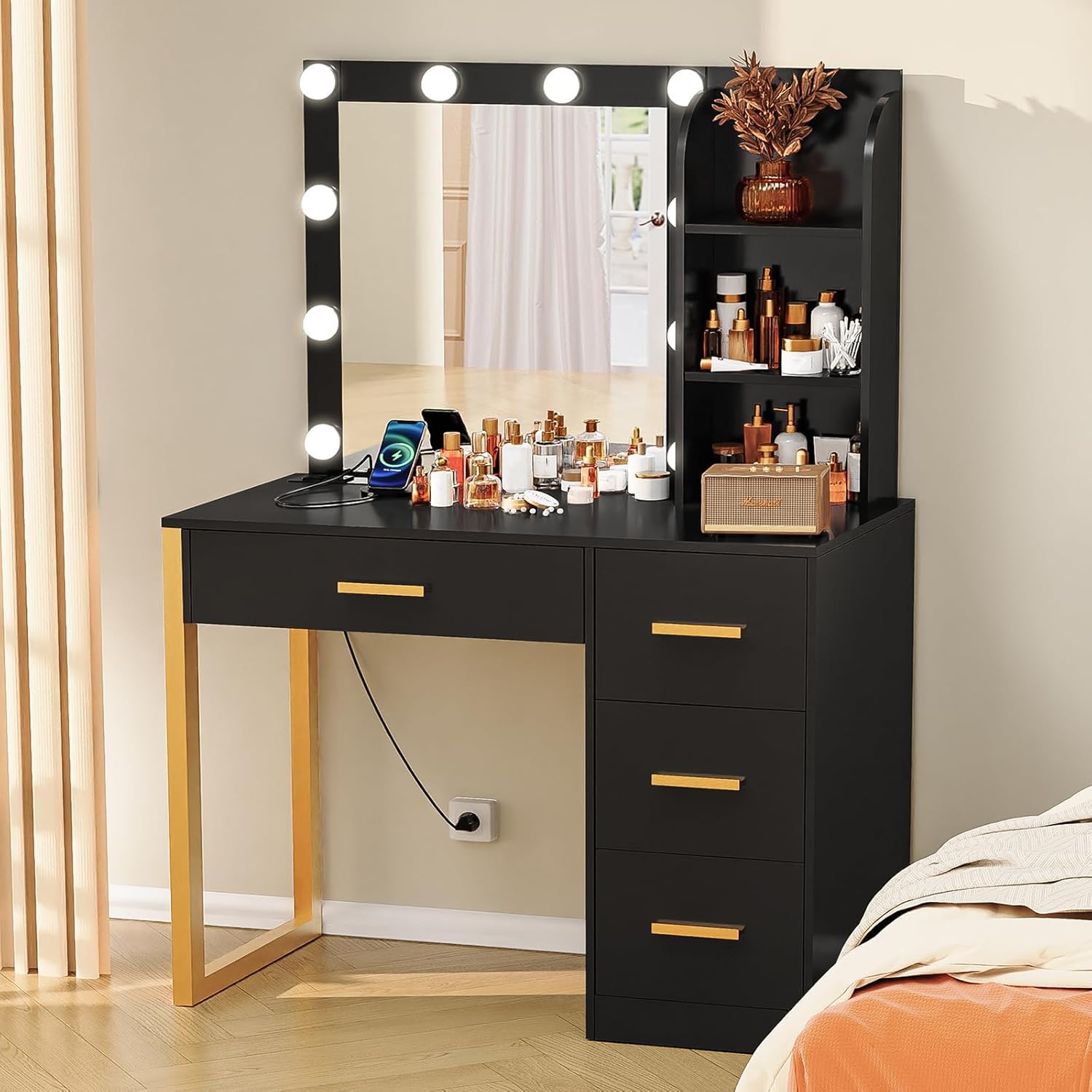 Elegant Makeup Vanity Desk with LED Lights & Mirror, 4 Drawers & USB Charging Station, Dressing Table with Open Storage Shelves & 3 Color Modes - Perfect for Bedroom, Home Salon & Beauty Room (Black)