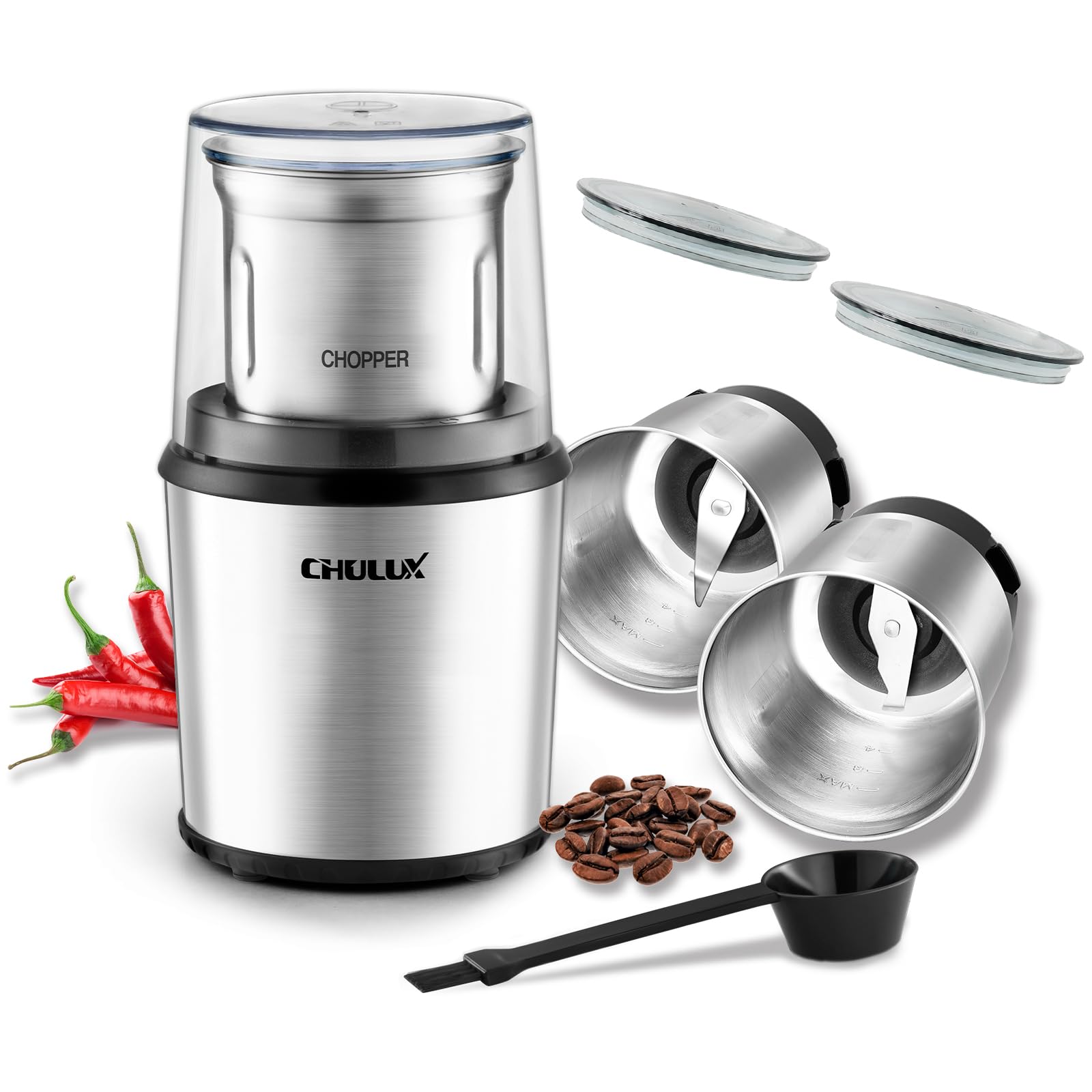 CHULUX Electric Coffee Grinder with 2 Stainless Steel Bowls - Spice & Herb Grinder for Coffee Beans, Nuts, Grains - Safety Switch & Sharp Blade - Perfect for Kitchen, Camping & Home Brewing