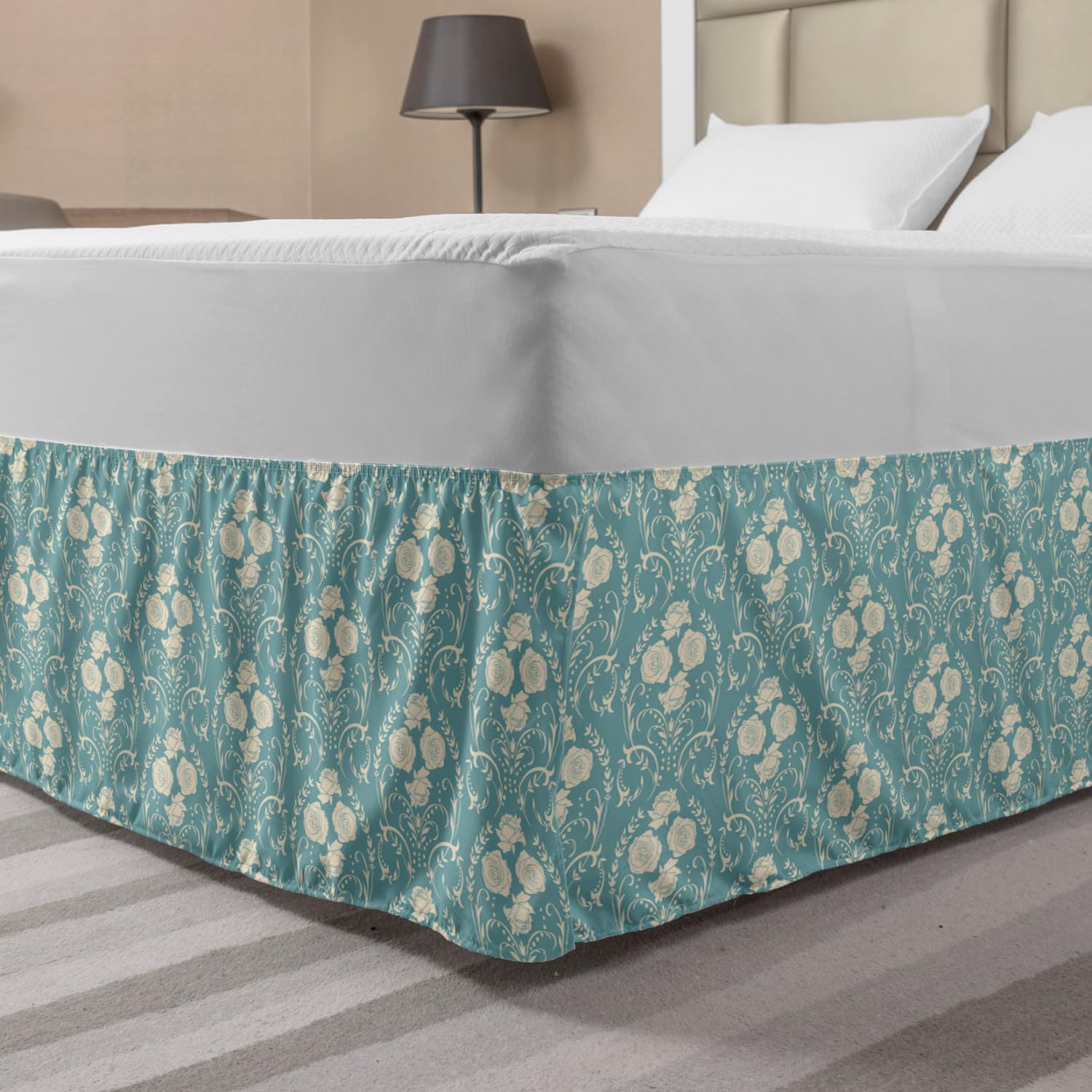 Ambesonne Elastic Bed Skirt King Size - Floral Rose Petals with Swirling Leaf & Stem Wreath Design, Wrap Around Dust Ruffle - Off White & Pale Teal for Bedroom Decor | Perfect for Master Bedroom, Guest Room & Luxury Hotel Styling