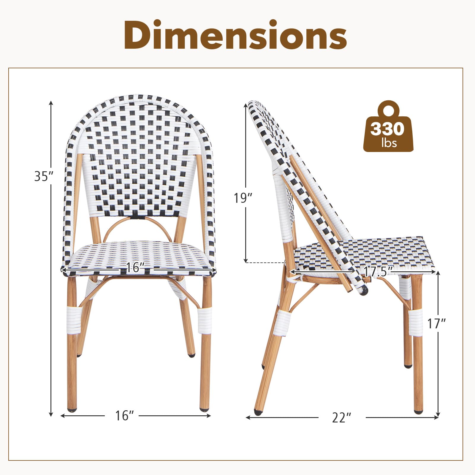 Tangkula French Bistro Chair Set of 4 - Outdoor Armless Dining Chairs with Hand-Woven Rattan & Galvanized Metal Frame - Patio Kitchen Garden Backyard Porch Accent Chairs (Black & White) - Perfect for Al Fresco Dining, Coffee Shops, and Coastal Decor