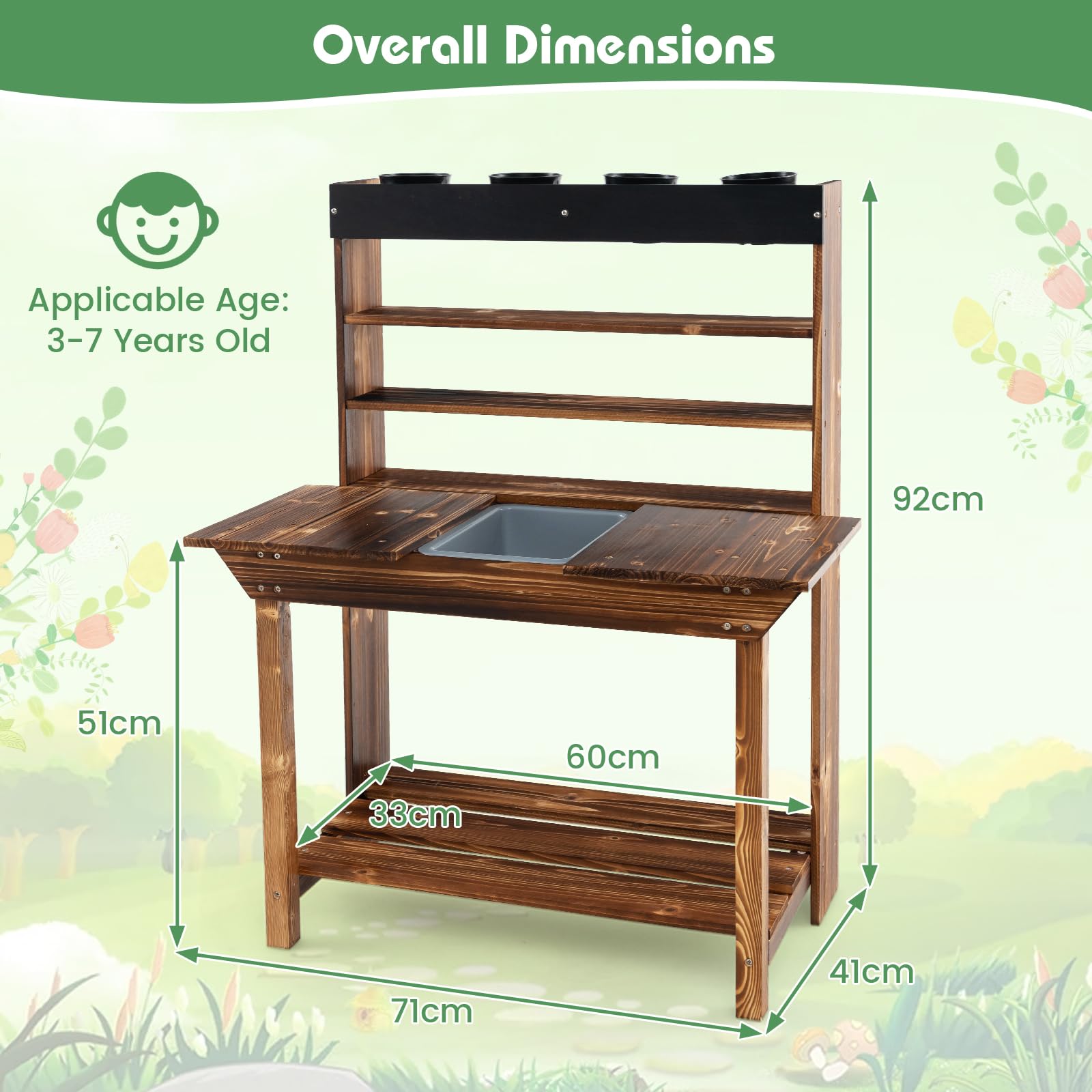 HONEY JOY Kids Mud Kitchen - Natural Fir Wood Outdoor Play Table with Removable Sink, 4 Planting Pots & Chalkboard - Toddler Pretend Play Garden Set for Backyard, Patio & Preschool Activities