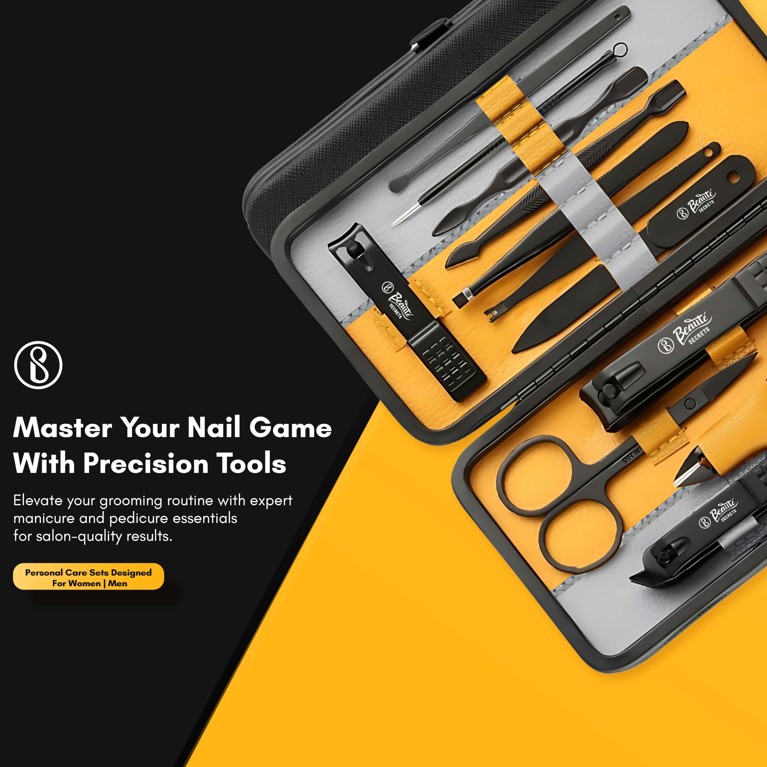 Beauté Secrets Professional Manicure Set - Stainless Steel Nail Clippers & Scissors, Acne Needle & Blackhead Remover Tools with Leather Travel Case (Grey/Yellow) - Perfect for Home Grooming, Travel & Salon Use