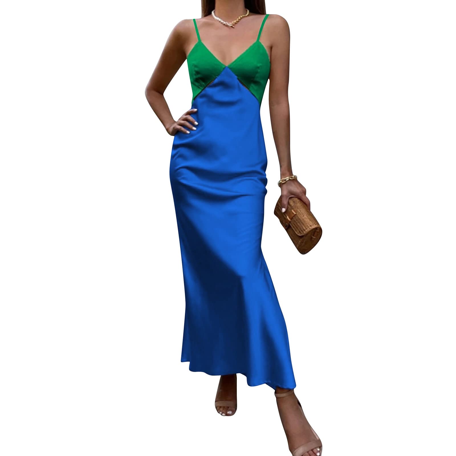 WZTYYDS Women's Elegant Long Slip Dress - Summer Casual Contrast Color V-Neck Sleeveless Slim Beach Dress (Green Blue, Size M) | Perfect for Beach Vacations, Date Nights & Summer Parties