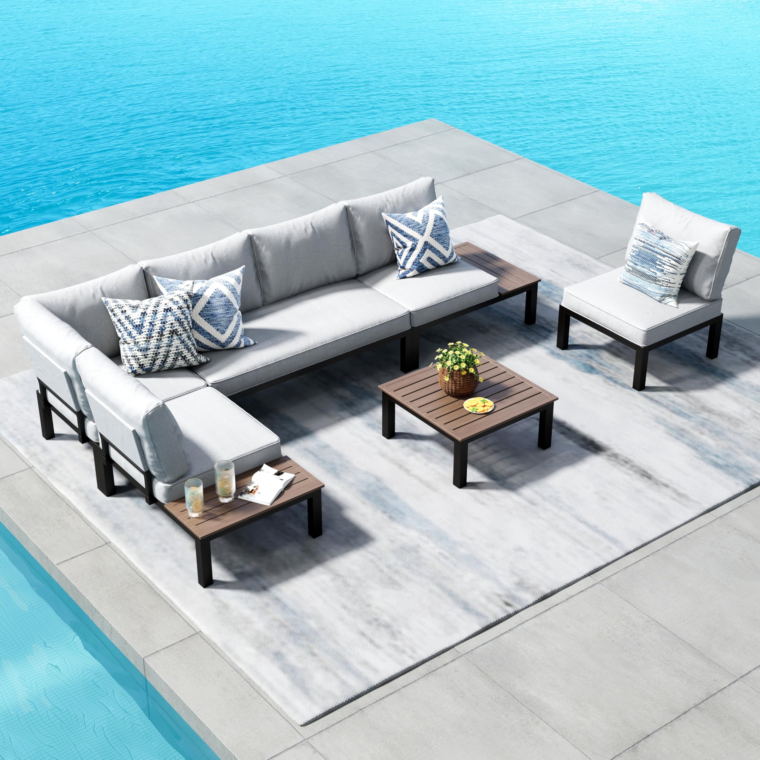 PHI VILLA 6-Piece Outdoor Metal Patio Furniture Set with Coffee Table & Removable Light Gray Cushions - Modular Sectional Sofa for Backyard, Garden, Poolside & Deck - Weather-Resistant Conversation Set for Relaxing & Entertaining