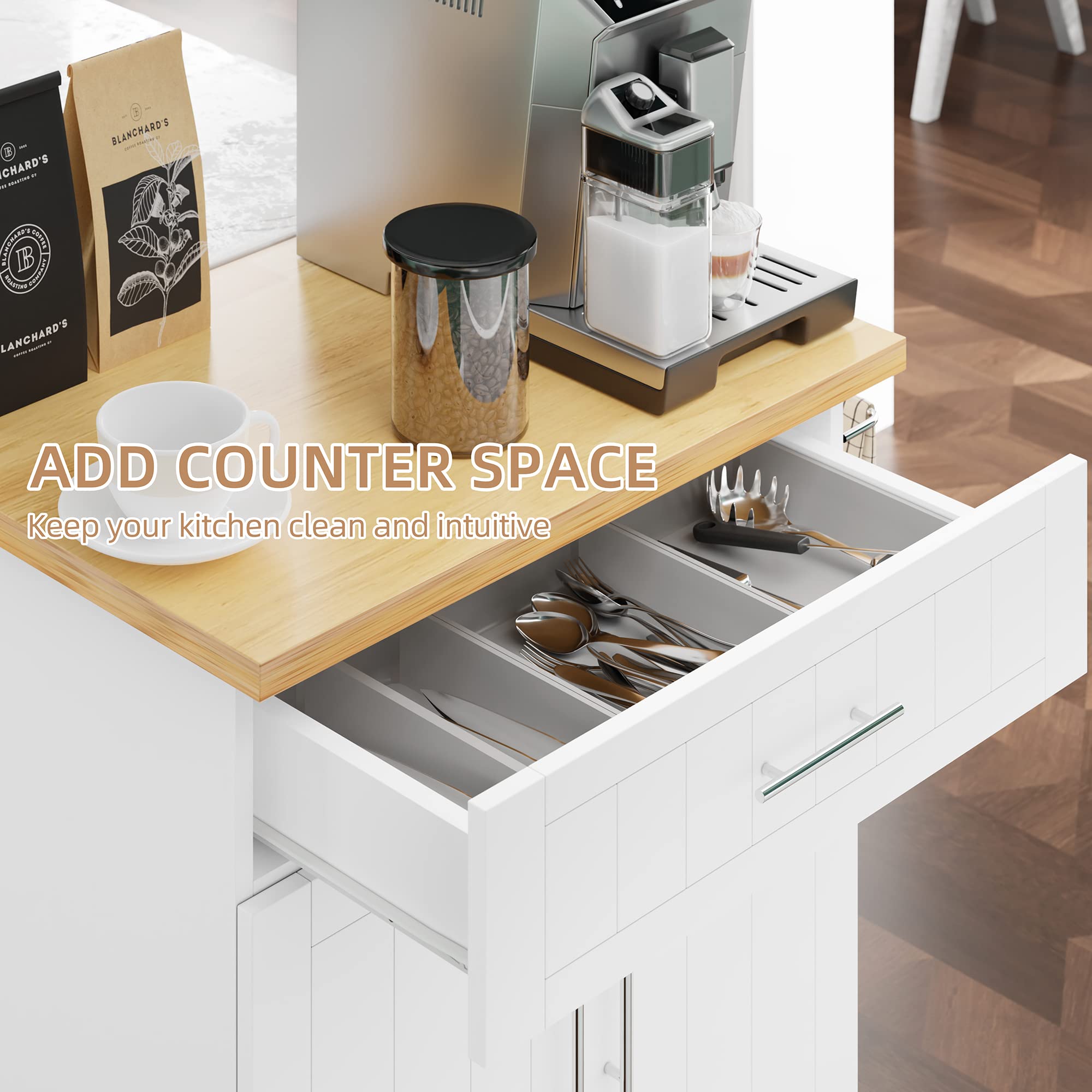 Shintenchi White Kitchen Island Cart with Storage - Rolling Side Table with Wheels, Large Worktop, Cabinet, Towel Rack & Drawers for Kitchen & Dining Room | Perfect for Meal Prep, Extra Counter Space & Small Apartment Living