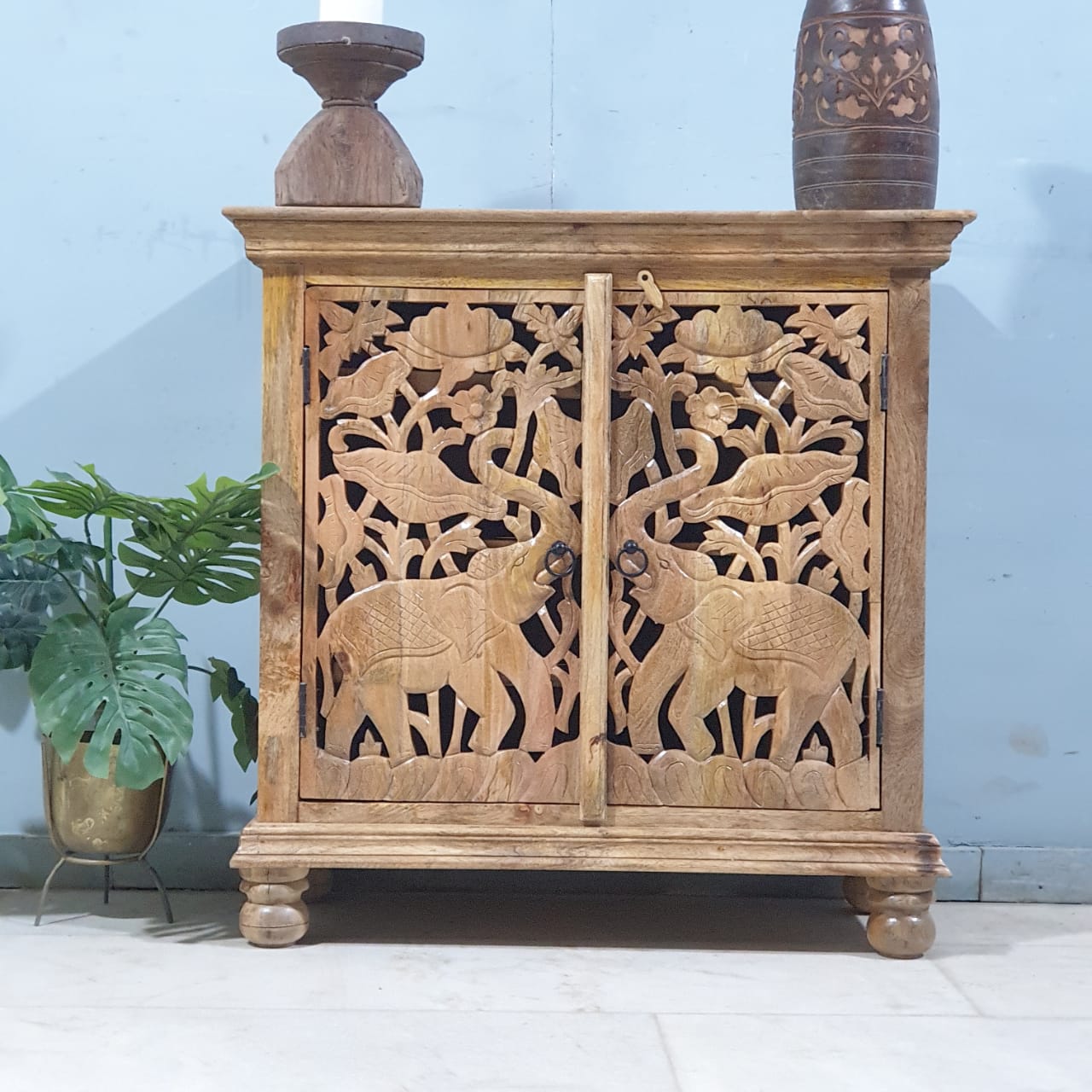 Handcrafted Elephant Carved Solid Wood Buffet Cabinet - 35.4x15.7x35.4 Inches Brown - Perfect for Dining Room Storage & Rustic Home Decor