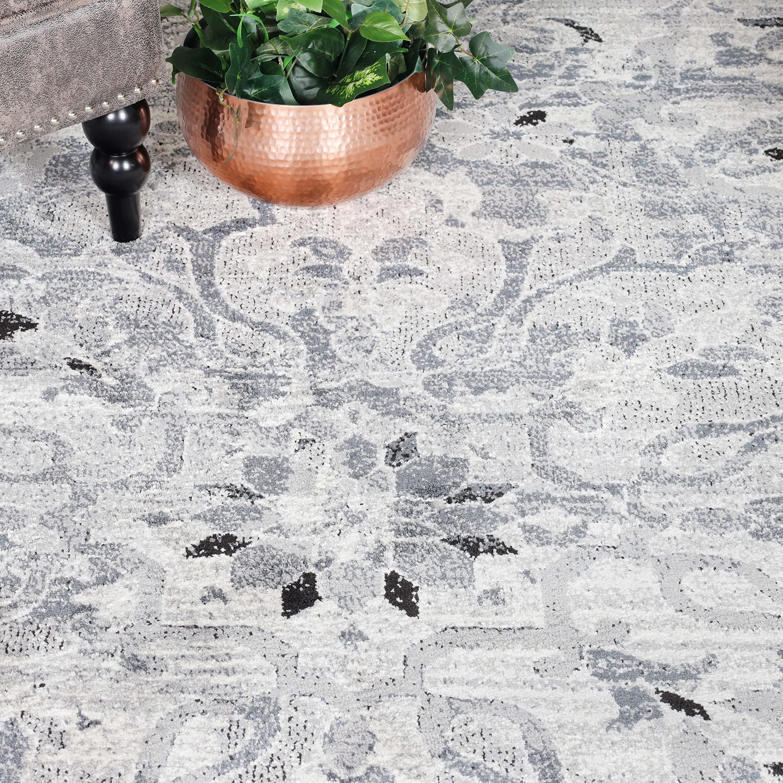 Premium Large Indoor Area Rugs with Natural Jute Backing - Modern Distressed Floral Design - 8' x 10' Platinum - Perfect for Living Room, Bedroom, Dining Area & Office Decor - Caine Collection - Soft & Durable Home Floor Covering for Family Gatherings and Relaxation