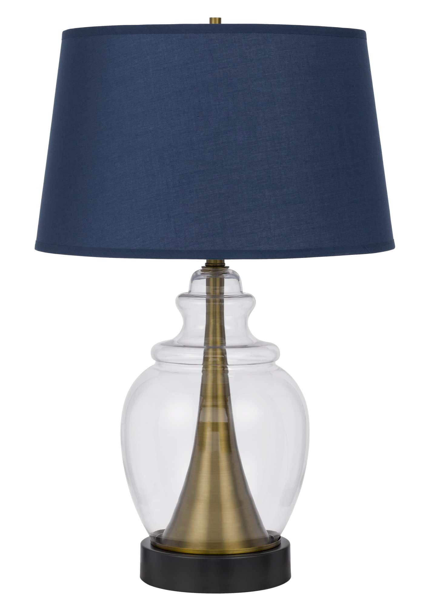 Cal Lighting BO-3002TB Cupola Glass and Metal Table Lamp with Clear Base & Navy Fabric Shade in Antique Brass Finish - Perfect for Bedroom Nightstand, Living Room End Table or Office Desk Lighting