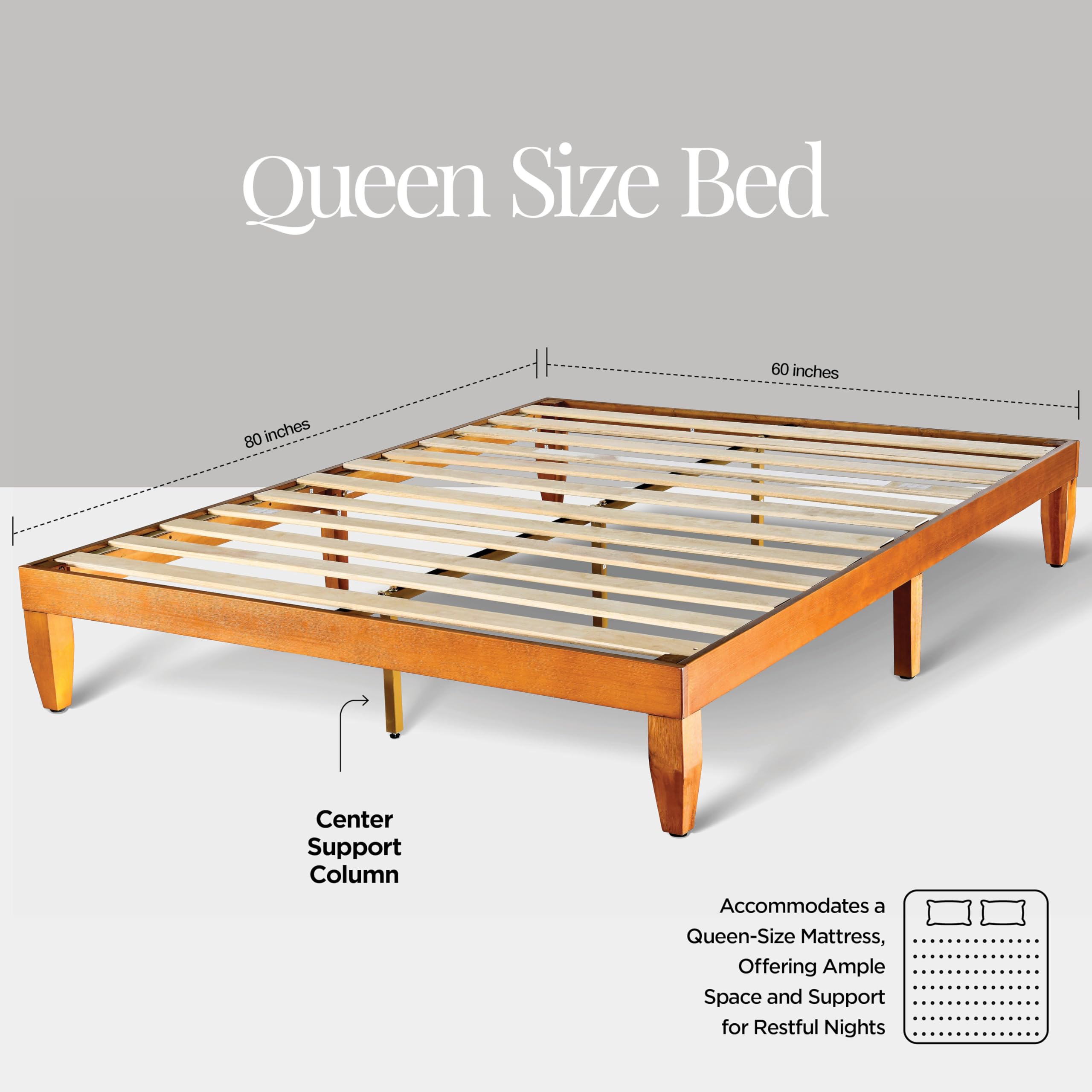 Solid Pine Wood Platform Bed Frame Queen Size - 12 Inch Sturdy No Box Spring Needed with Wooden Slats & Leveling Feet | Easy Assembly & Improved Stability | Perfect for Modern Bedrooms, Guest Rooms & Small Spaces
