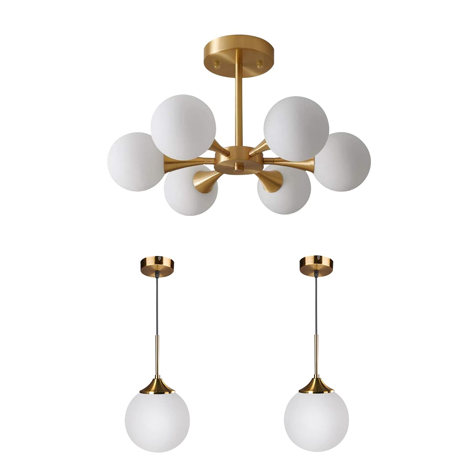 KCO Lighting 6-Light Glass Globe Semi Flush Mount Chandelier - Modern Pendant Light Fixture for Kitchen Island, Dining Room & Living Room - Elegant Ceiling Lighting for Home Decor